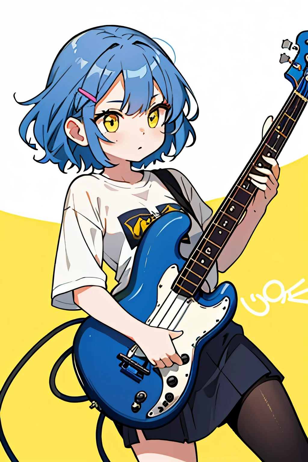 1girl,solo,ryou yamada, blue hair, eyes visible through hair, mole, mole under eye, short hair, (yellow eyes:1.5), hairclips,bass,shirt,looking down,from below