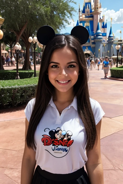 smiling woman with mouse ears and backpack in front of a crowd, photo taken in 2018, minnie mouse, disney artist, smiling slightly, mouse ears, photo taken in 2015, profile picture, 4 5 years old, on disney adventure Orlando, Mickey Mouse ears. Full body photo, clear photo, high quality, high resolution, masterpiece, 8K.
