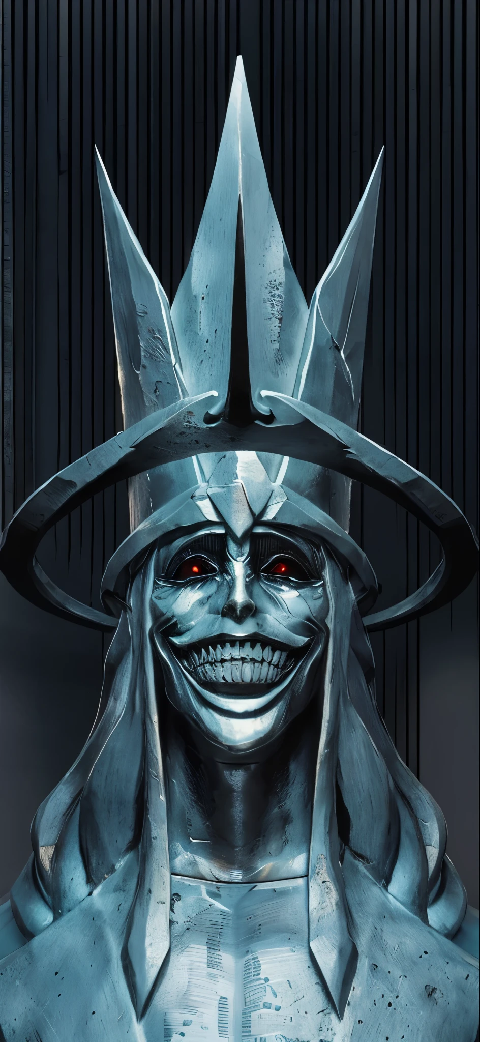 a closeup of a statue of a man with a crown on his head, evil villain smile, sorriso maligno, retrato do deus da morte, Photo realista, kinematics, realista, detalhado, stone statue, rocha, textura de pedra