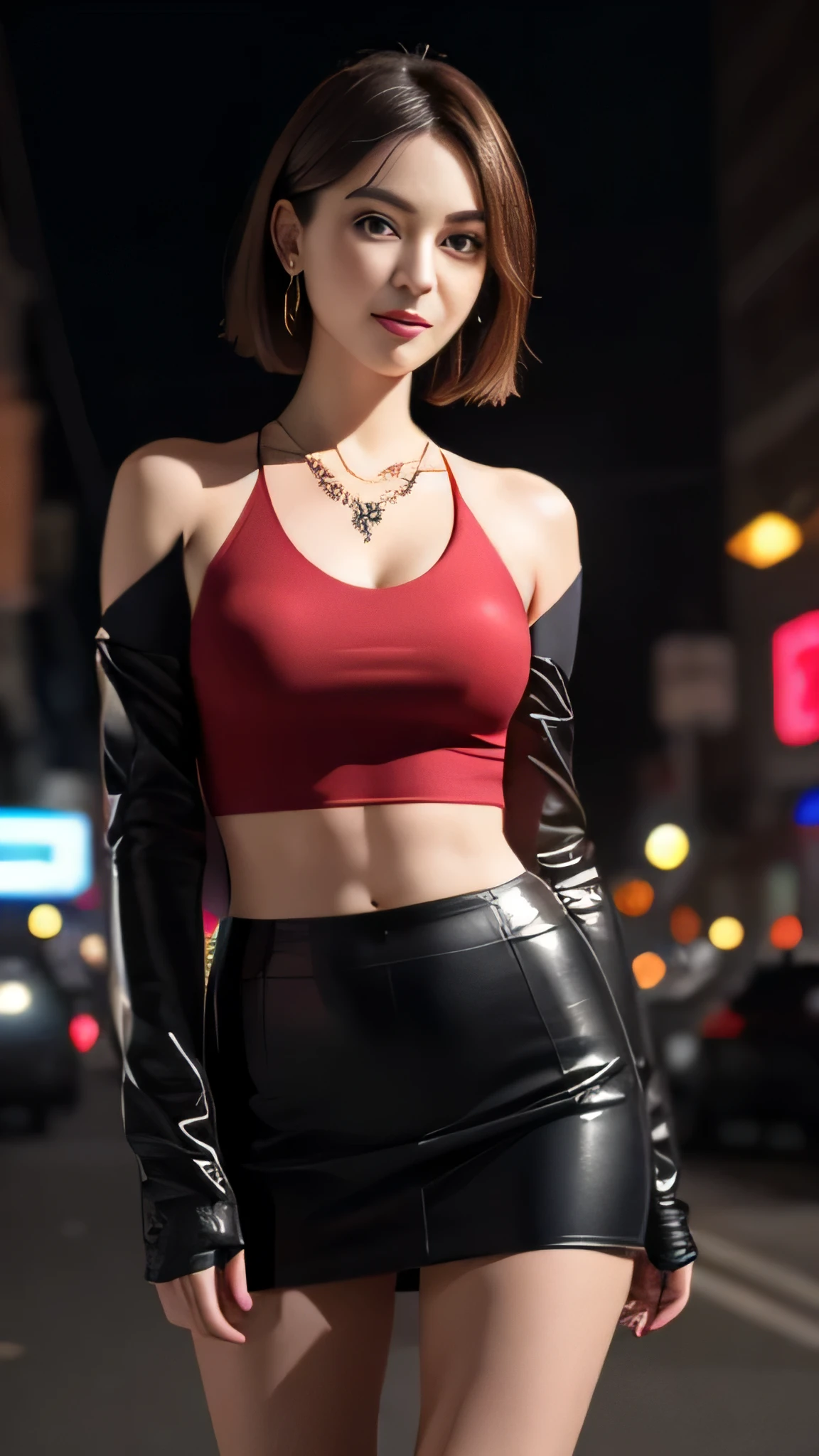 8K, masterpiece, RAW photo, highest quality, realistic, extremely detailed CG unity 8K wallpaper, Depth of bounds written, cinematic light, Lens flare, ray tracing, (very beautiful face, beautiful lips, beautiful eyes), face with intricate details, ((super dense skin)) 1 girl, in the dark, deep shadow, pretty asian girl, 1 girl, (very slim slender fit-muscled body:1.3), ((looking at the viewer)),(big smile:1.3), (fashion city night, dark night, (neon sign), (blurred background), street night),(with no people in the background:1.3), beautiful earrings, bracelet, necklace, hose, clear eyes, (white skin), (Big eyes), look forward, ((upper body shot)), (looking at the viewer:1.3) very slim, medium breasrreal, look at the viewer, short skirt, (High resolution), (8K), (very detailed), (brown hair, short hair), (Woman in red short sleeve blouse, show your belly button), (lohrough the blouse), Because I&#39;m slender), open chest, black foam jacket ,, Wearing a leather jacket, Wear leather gloves, Japan sexy girl, not l , in the room