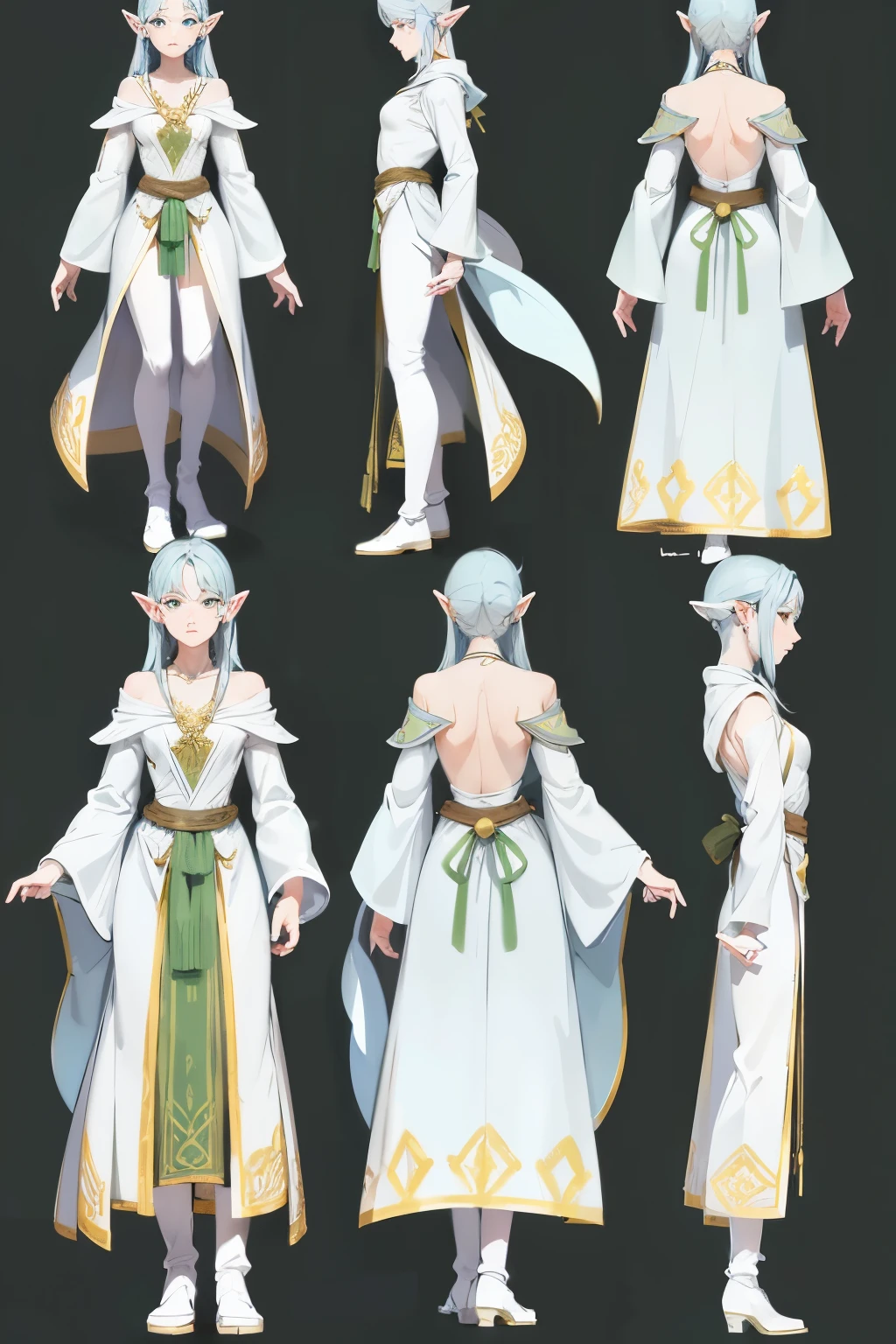 Use this image to create a model sheet for a young man elf character in a medieval point-and-click adventure game, portraying the role of a mage. This full-body model features a turnaround view, with the front view in 4k image quality displayed first. The side view and back view follow in the same high-definition standard.

Side view: In the side view, the young man elf's pointed ears twinkle under the moonlight, his slender arms remain outstretched, and his long, elegant robes flow gracefully, revealing the intricately patterned details.

Back view: The back view accentuates the young man elf's agile form and broad