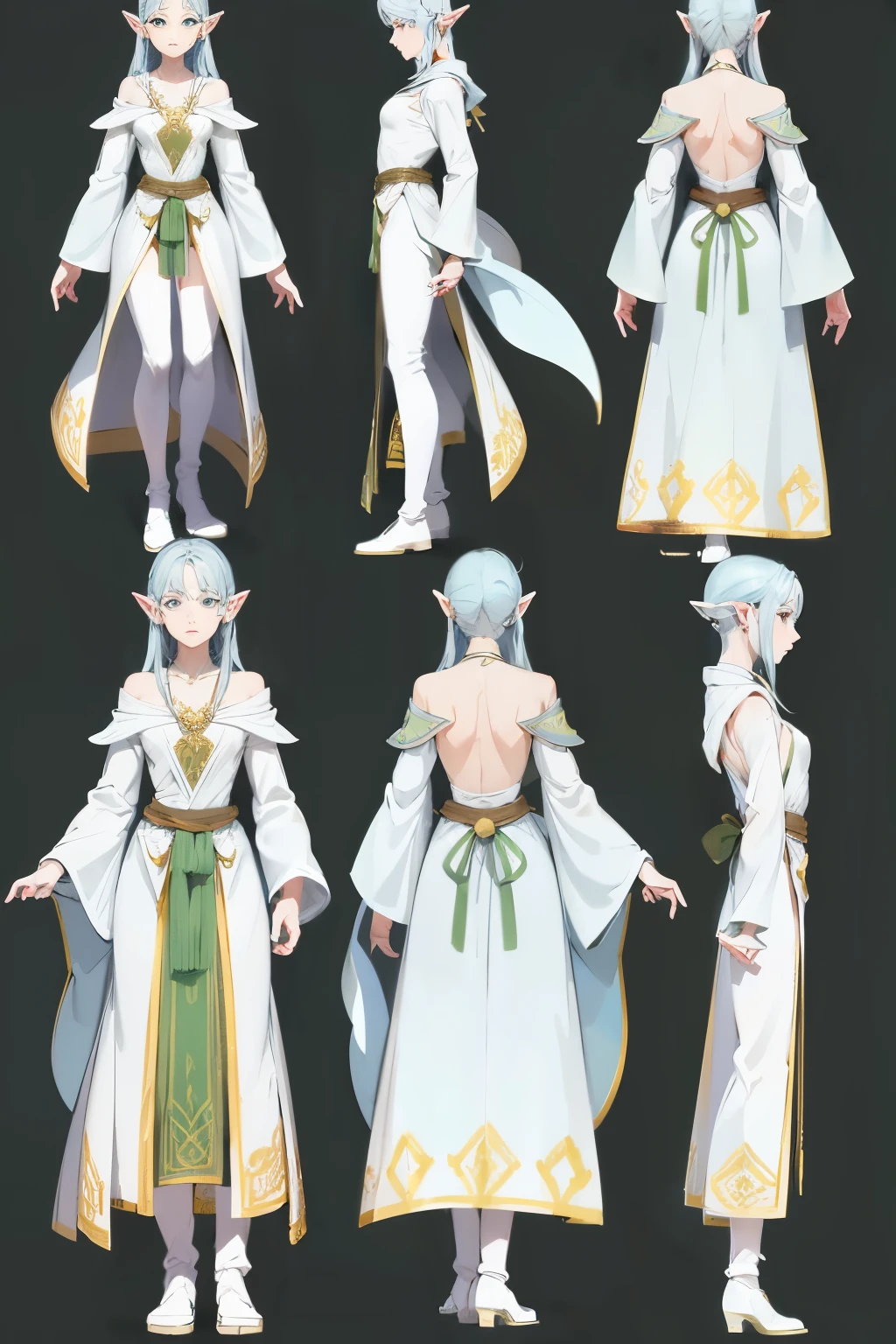 Use this image to create a model sheet for a young man elf character in a medieval point-and-click adventure game, portraying the role of a mage. This full-body model features a turnaround view, with the front view in 4k image quality displayed first. The side view and back view follow in the same high-definition standard.

Side view: In the side view, the young man elf's pointed ears twinkle under the moonlight, his slender arms remain outstretched, and his long, elegant robes flow gracefully, revealing the intricately patterned details.

Back view: The back view accentuates the young man elf's agile form and broad