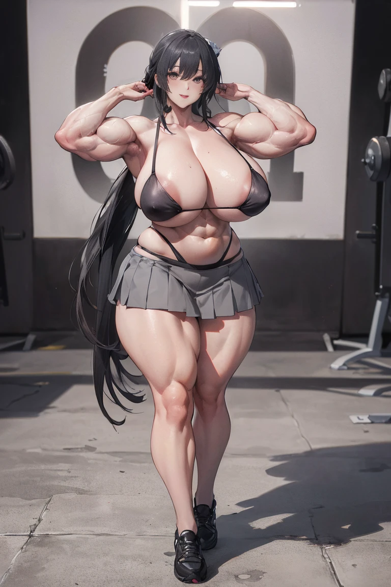 (Best quality,8K,ultra high res:1.5),(Pretty long tied ponytail hair anime girl),(Huge breasts:1.20),(very voluptuous body),(very voluptuous thigh),(body builder girl:1.5),(wide muscle:1.8),(light smile),(eyes to camera),(light black hair),(grey bra),(grey short skirt),(standing view),(nipples)