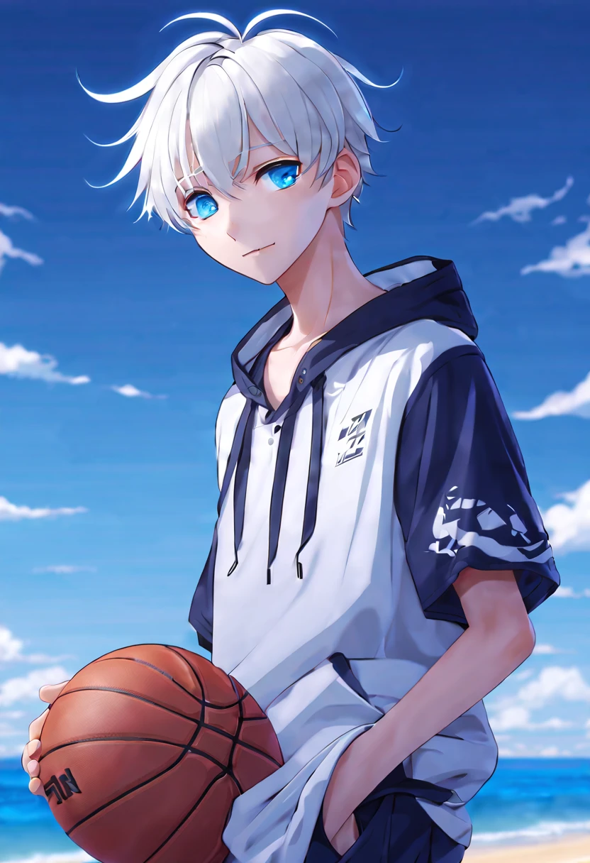 masterpiece，best quality，4k quality，full body character， whole body，Delicate face，Look directly at the audience，
 boys，sports student，Handsome boy，cute，14 years old，anime characters，blue eyes，smirk，male focus，The crotch protrudes，white hair，whole body篮球服，standing posture，Wear basketball shoes，Tactical gloves，Face clear on beach background，shy