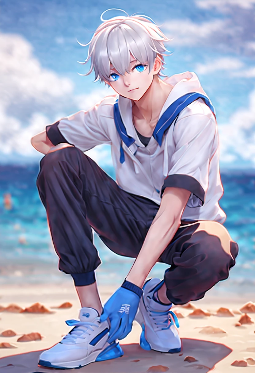 masterpiece，best quality，4k quality，full body character， whole body，Delicate face，Look directly at the audience，
 boys，sports student，Handsome boy，cute，14 years old，anime characters，blue eyes，smirk，male focus，The crotch protrudes，white hair，whole body篮球服，standing posture，Wear basketball shoes，Tactical gloves，Face clear on beach background，shy