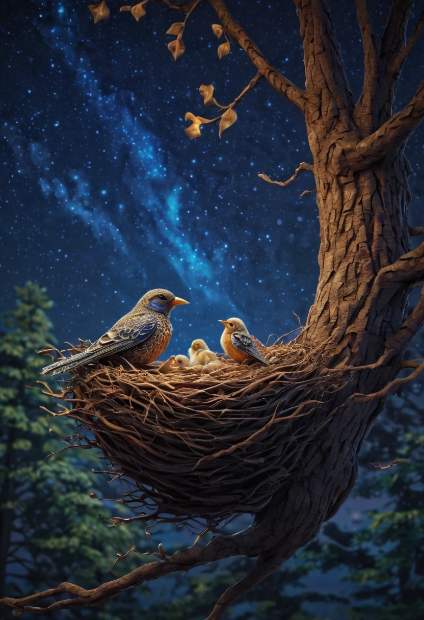 A newborn bird, abnormally fat, falls from its ((nest)) located in a tree. The chick plummeting through the air in a forest under a starry sky. The scene is depicted with intricate zentangle details, resembling origami. The artwork evokes a cinematic, emotional, and epic atmosphere. The colors showcase a vibrant and vivid palette, and the lighting creates a dramatic effect, casting shadows and illuminating the surroundings. The resulting image is of the best quality, ensuring high-resolution details and a masterpiece-worthy outcome. ,....by my self...lol