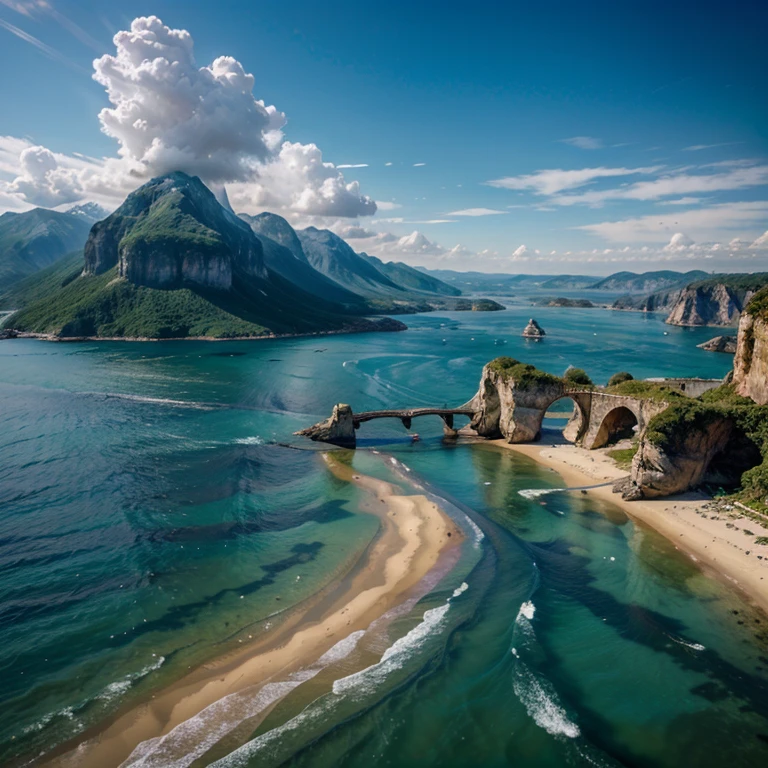 Wide-angle photography, scenery, wide sea, alternating with small and large mountains. 
