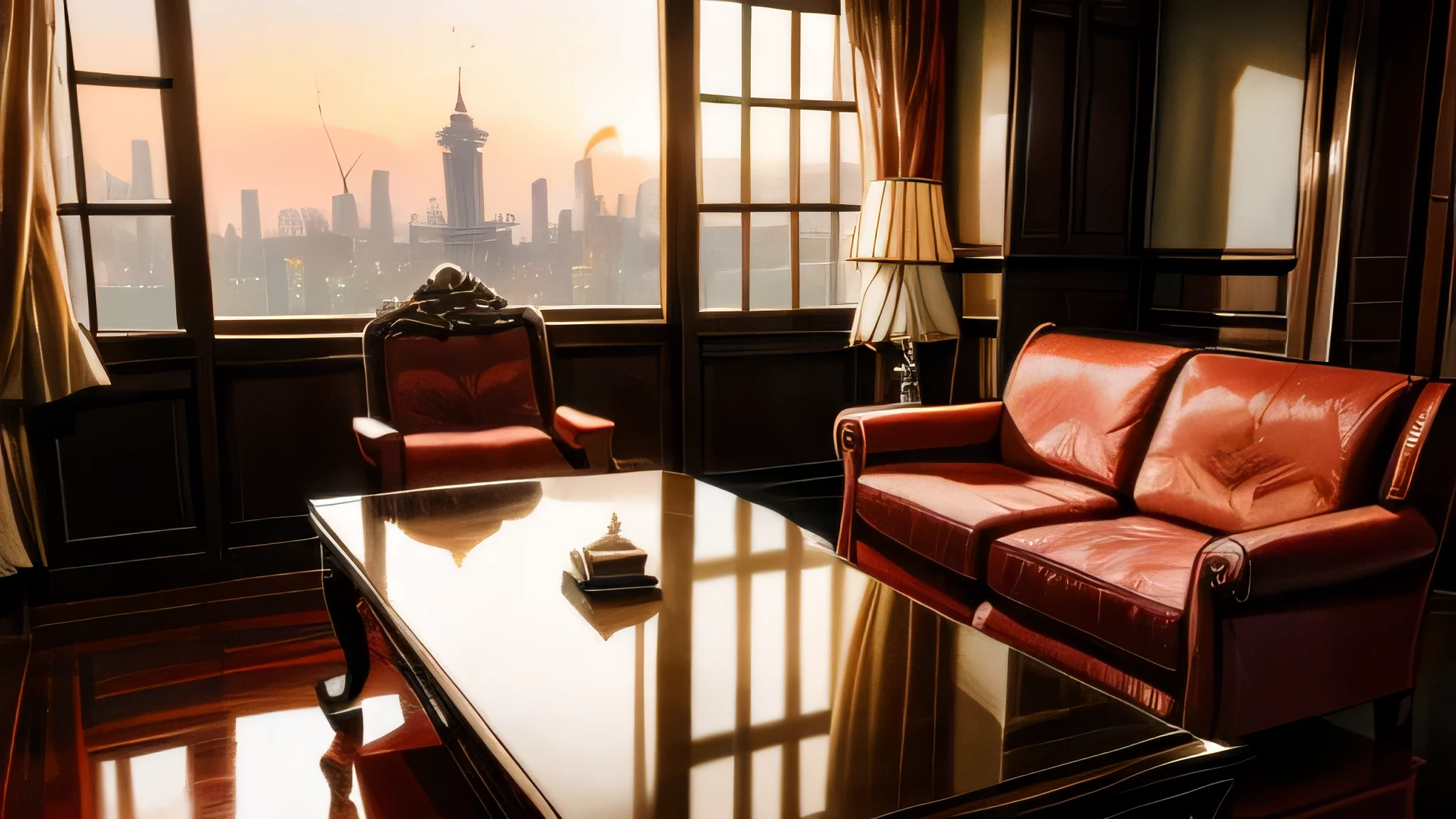 Shanghai Bund Old Shanghai Paramount Gorgeous Classical Decoration Chinese Classical Red White Black Quiet Afternoon Indoor Dining Table Sofa Floor Lamp Flowers Roses Ancient Style Decoration Mafia No One Portrait Pure Indoor No One Floor-to-ceiling Windows with Scenery Outside, sunset is nice