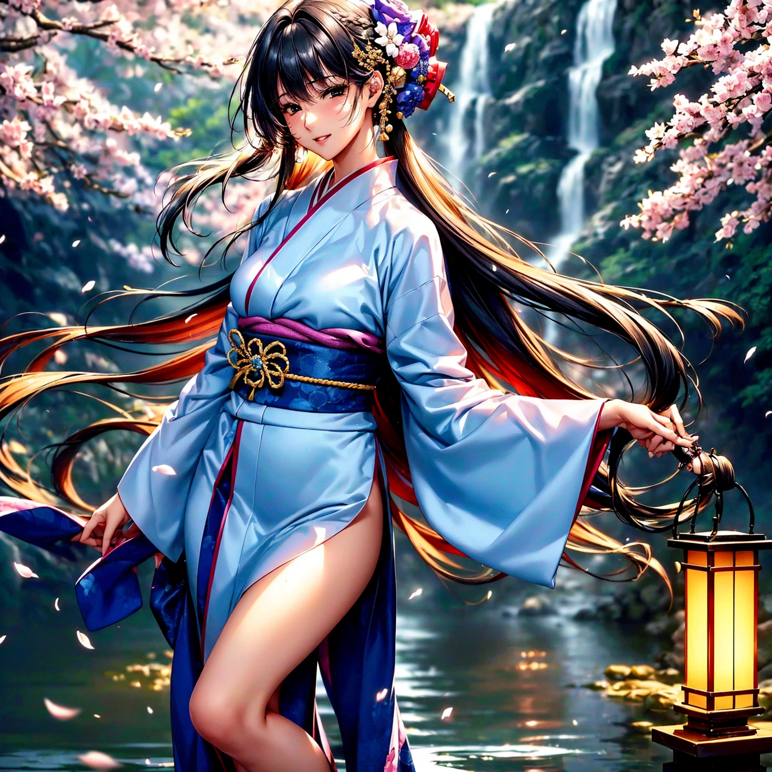 (highest quality、masterpiece、very high resolution、ultra high resolution.High resolution detail 1.5)、(A woman with perfect and ultimate beauty:18-year-old,bright smile,beautiful body、beautiful face)、(There are many variations of hairstyles,The bangs are neatly arranged,Long straight side hair,beautiful hair quality),(Beautiful breasts with a slender body shape:F cup,beautiful hair texture,Beautiful skin texture)、((Wearing a Japan kimono:pattern and color,Kimono with long obi and large sleeves)),(river bed,Fantastic waterside,There is a waterfall,Night cherry blossoms and lanterns,mysterious night sky、beautiful scenery),(The wind is blowing,My hair, obi, and long sleeves flutter due to the wind.,beautiful pose,model shoot),realistic portrait、realistic textured skin、(highly detailed images、accurate image、Perfect Image 1.5)、beautiful anime woman, beautiful art style, anime character、Overall image、accurate anatomy、Image without defects、natural soft light、beautiful images、(best shot,RAW photo)