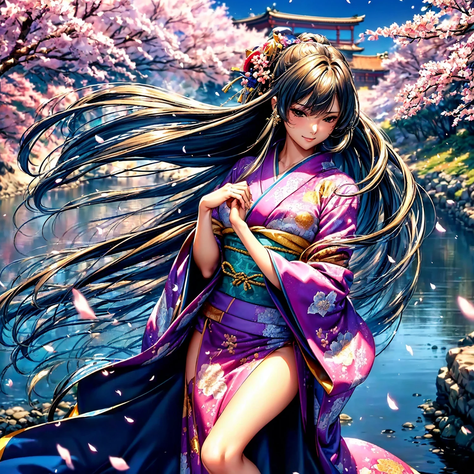 (((highest quality、masterpiece、highly detailed images,very high resolution)))、(A woman of perfect and ultimate beauty:18-year-old,beautiful face:smile、beautiful hair:Japanese hair decoration、beautiful body:Slender and beautiful breasts、best skin and hair texture)、(Beautiful Japan kimono:Japanese patterns and colors:Kimono sleeves and obi are long,shoulders are exposed,I can see the cleavage,I can see my thighs,whole body,Hair flutters under the influence of the wind,The sleeves and obi of the kimono flap in the wind.),((Mysterious waterfront:There are beautiful cherry blossoms and waterfalls,Fantastic night sky and beautiful full moon,beautiful scenery,beautiful scenery,Beautiful colors))、realistic portrait、bijinga,((beautiful pose,Various angles、model shoot)),Overall image、accurate anatomy:1.2、accurate image:1.2、highly detailed images、perfect image、Image without defects、natural soft light、beautiful images、(best shot,RAW photo)