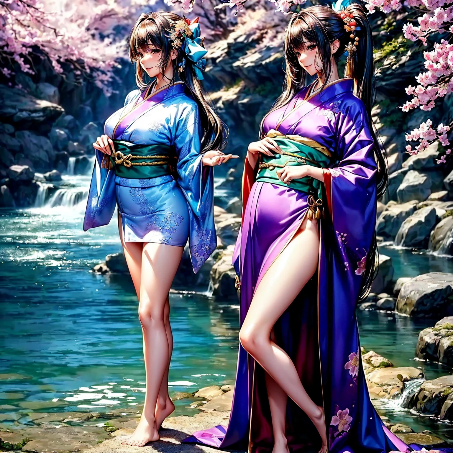 (highest quality、masterpiece、very high resolution、ultra high resolution.High resolution detail 1.5)、(A woman with perfect and ultimate beauty:18-year-old,bright smile,beautiful body、beautiful face)、(There are many variations of hairstyles,The bangs are neatly arranged,Long straight side hair,beautiful hair quality),(Beautiful breasts with a slender body shape:F cup,beautiful hair texture,Beautiful skin texture)、((Wearing a Japan kimono:pattern and color,Kimono with long obi and large sleeves)),(river bed,Fantastic waterside,There is a waterfall,Night cherry blossoms and lanterns,mysterious night sky、beautiful scenery),(The wind is blowing,My hair, obi, and long sleeves flutter due to the wind.,beautiful pose,model shoot),realistic portrait、realistic textured skin、(highly detailed images、accurate image、Perfect Image 1.5)、beautiful anime woman, beautiful art style, anime character、Overall image、accurate anatomy、Image without defects、natural soft light、beautiful images、(best shot,RAW photo)