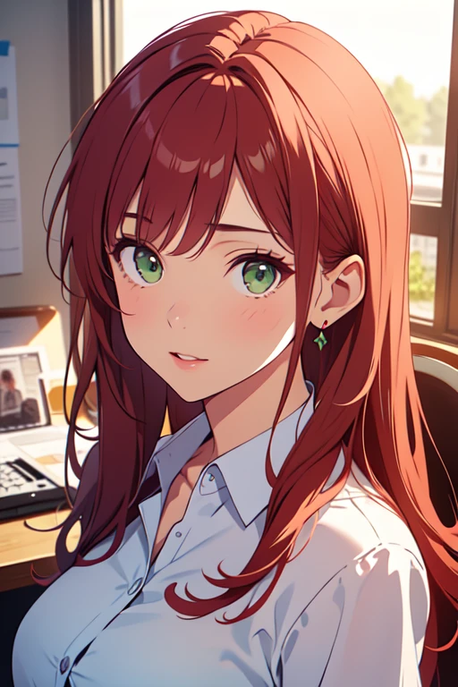 ((best quality)), ((masterpiece)), (detailed), perfect face, woman wearing office clothes, red hair, long hair, green eyes,