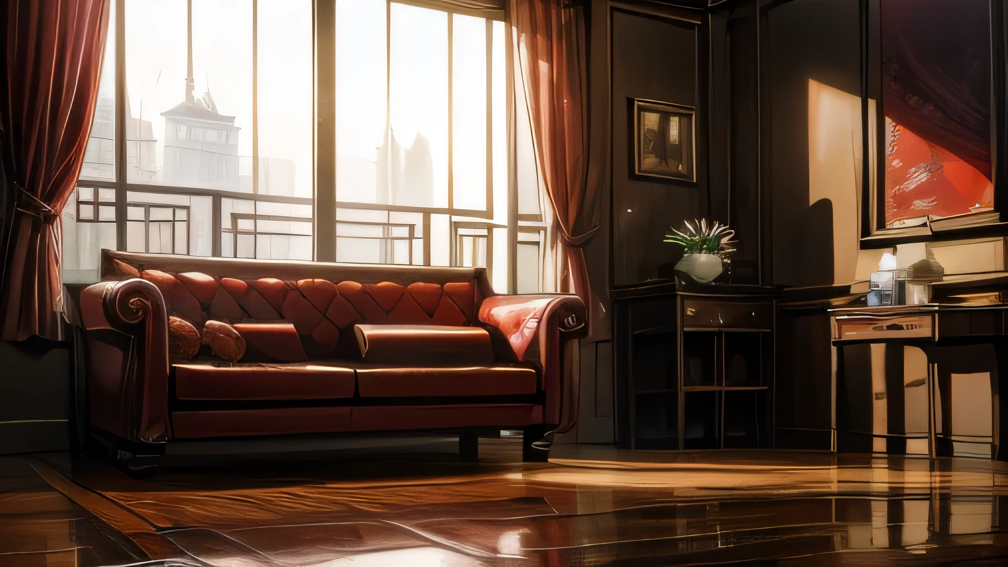 Shanghai Bund Old Shanghai Paramount Gorgeous Classical Decoration Chinese Classical Red White Black Quiet Afternoon Indoor Dining Table Sofa Floor Lamp Flowers Roses Ancient Style Decoration Mafia No One Portrait Pure Indoor No One Floor-to-ceiling Windows with Scenery Outside, sunset is nice