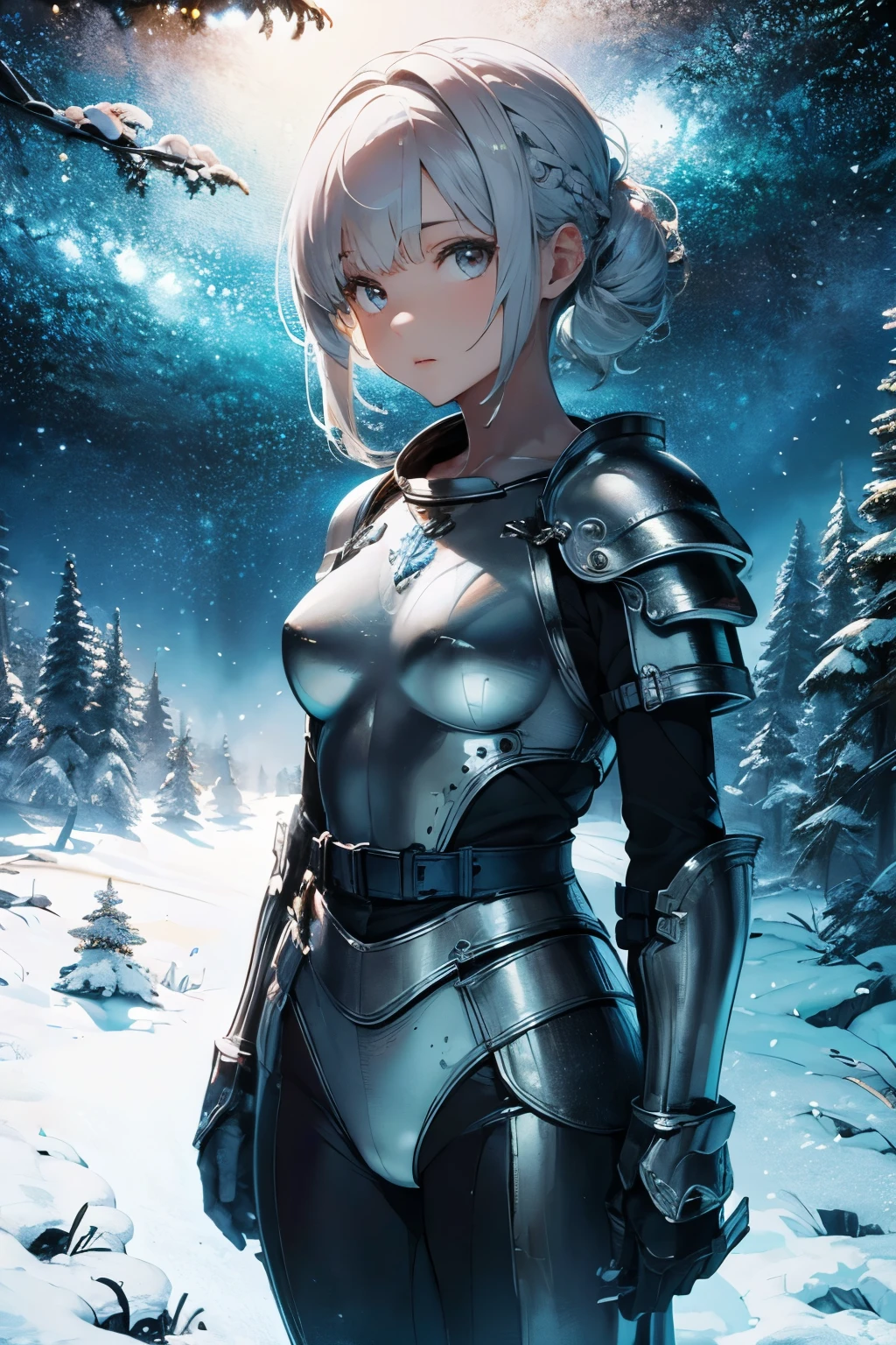 (((masterpiece))), (((best quality))), ((ultra-detailed)), (cinematic lighting), (illustration), (beautiful detailed eyes), (1girl), full body, space, knight, armour, light hair, walking, castle in distance, best quality, expressive eyes, perfect face, Girl: (20s, white hair, short hair, grey jumpsuit, blue and silver armour),