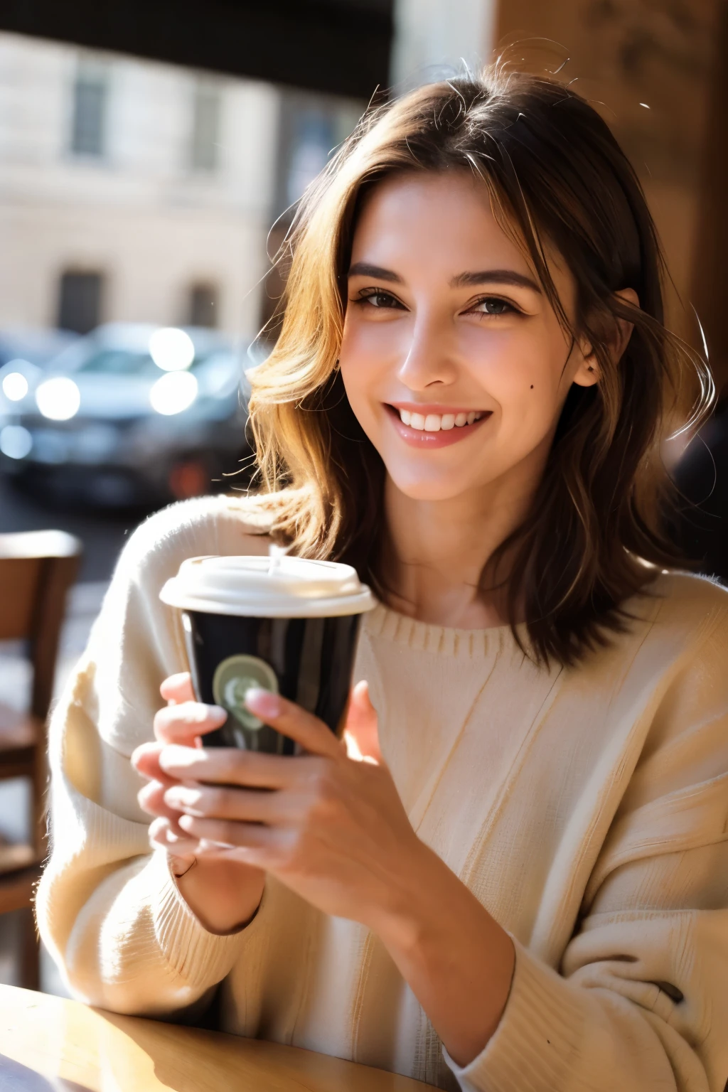 "Uma jovem mulher magra, com cabelos azuis vibrantes e olhos verdes, is in a modern cafe, smiling while holding a cup of coffee. Natural light highlights your ultra-realistic features."