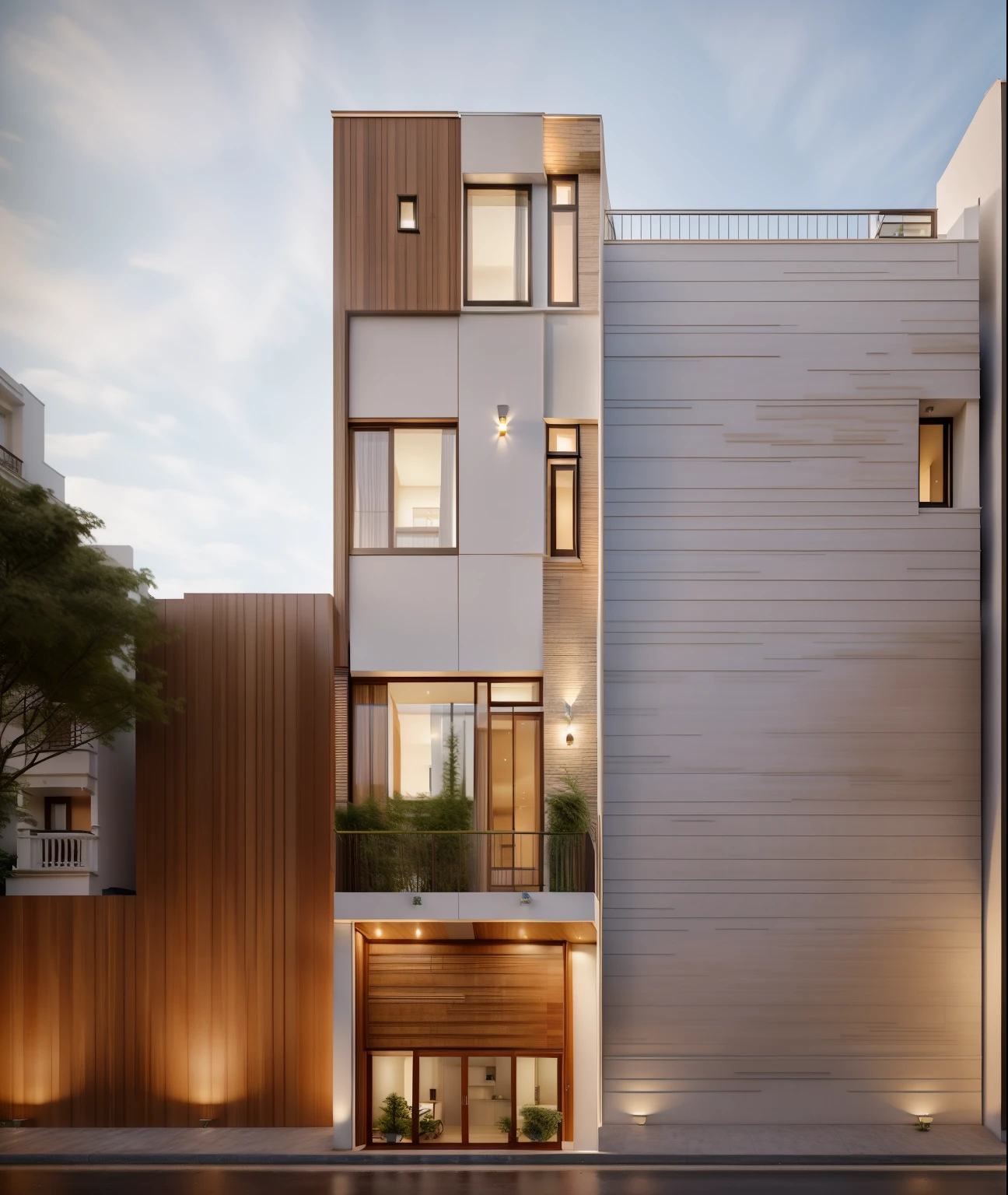 (Townhouse in city ,close houses and trees), daylight ( best quality) ((high solution)) ,(( photo realistic)) ,warm light, (sharp focus) front view of townhouse in style of modern,small house, Narrow area,VietNam,facade, curved arch,beautiful facade,curved windown,narrow and long ,two-storey,mutual colours, soft lighting, warm atmosphere,high Resolution, hyper detailed,4k ,vray render, octane render, hyper realistic, photography expert ,exterior design , professional photography, exterior photography,wide-angle shot , ultra detail , high Resolution , full frame, full body, ROLLING DOORS