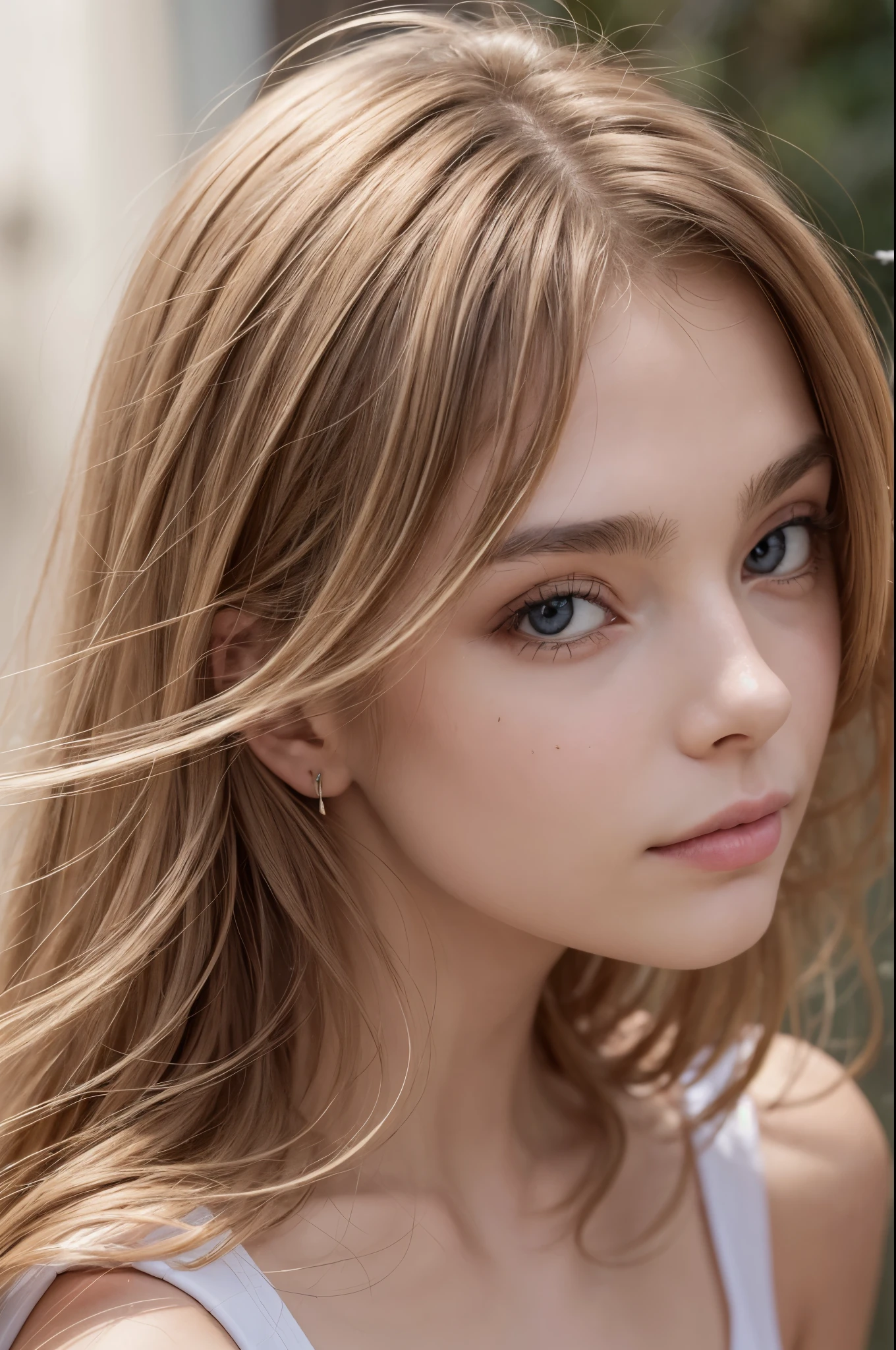 Portrait of European girl,alone,20 years,pretty face,upper body,hair covering one eye,medium side cut, blonde hair, sharp focus,black suit