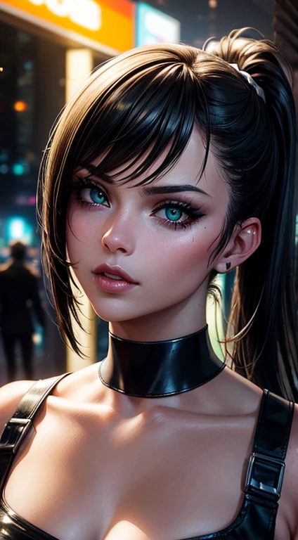 (masterpiece, best quality, 8k, sharp focus, depth of field, best shadows, perfect lights, HDR, realistic skin texture, ultra-detailed background, detailed), anime style, 2 women kissing (one of them has green eyes, white skin, black hair with ponytail, choker, small breasts, slim, makeup, eyeliner, glitter), (the other woman has blonde hair), at a night club, cyberpunk theme, Cyberpunk City.