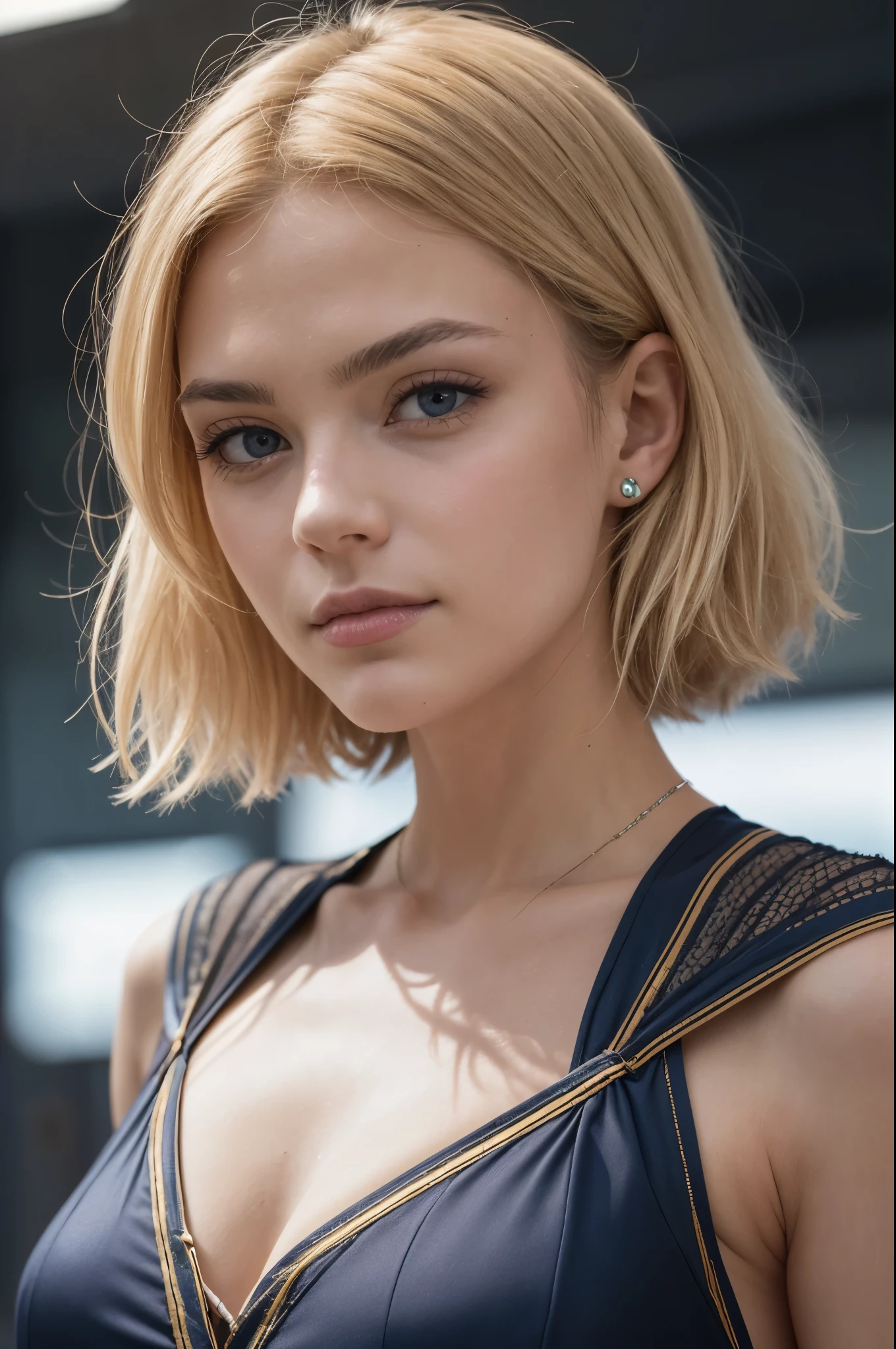 Portrait of European girl,alone,20 years,pretty face,upper body,hair covering one eye,medium side cut, blonde hair, sharp focus,black suit