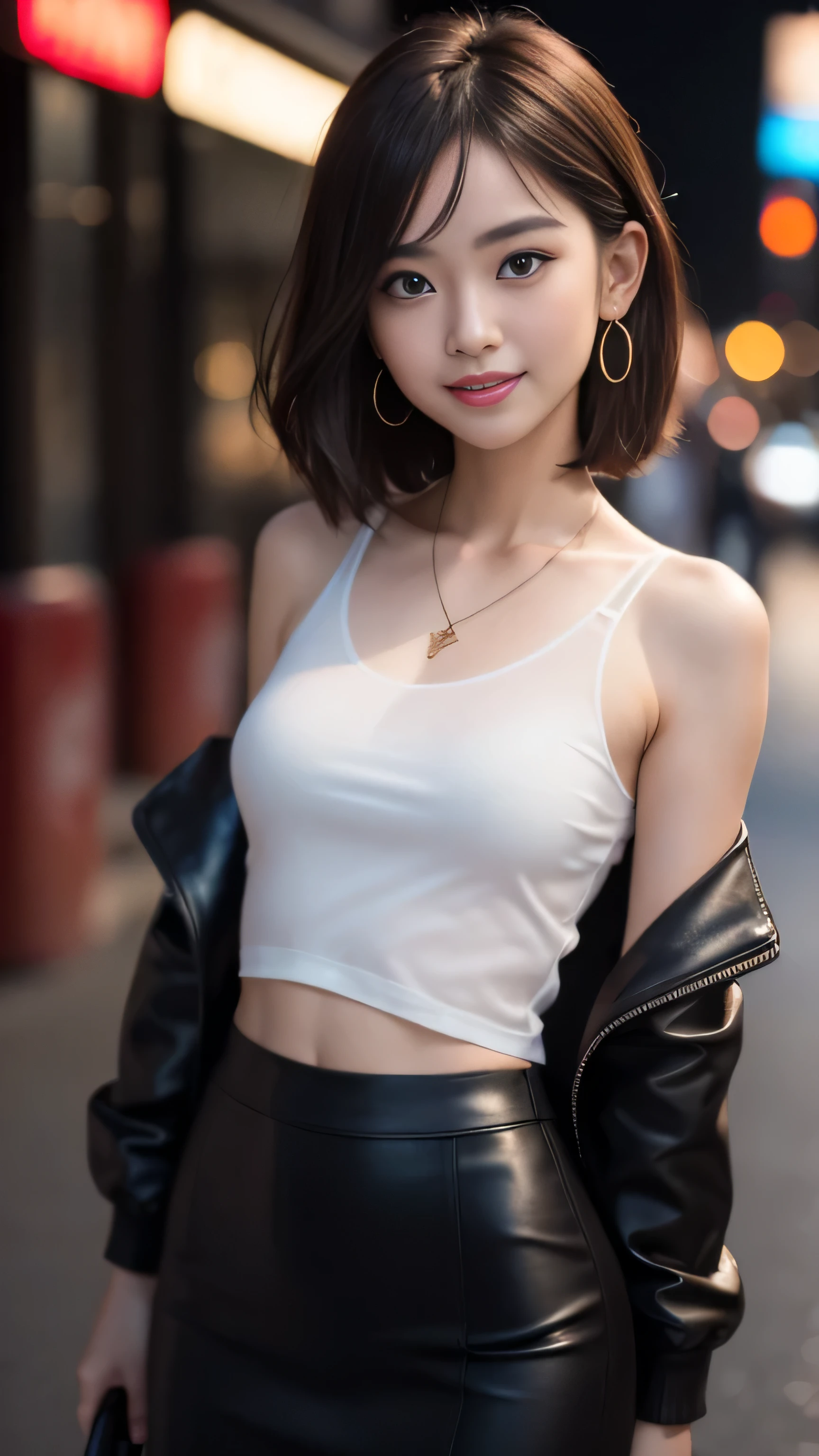 8K, masterpiece, RAW photo, highest quality, realistic, extremely detailed CG unity 8K wallpaper, Depth of bounds written, cinematic light, Lens flare, ray tracing, (very beautiful face, beautiful lips, beautiful eyes), face with intricate details, ((super dense skin)) 1 girl, in the dark, deep shadow, pretty asian girl, 1 girl, (very slim slender fit-muscled body:1.3), ((looking at the viewer)),(big smile:1.3), (fashion city night, dark night, (neon sign), (blurred background), street night),(with no people in the background:1.3), beautiful earrings, bracelet, necklace, pantyhose, clear eyes, (white skin), (Big eyes), look forward, ((upper body shot)), (looking at the viewer:1.3) very slim, medium breasts, (surreal, look at the viewer, short skirt, (High resolution), (8K), (very detailed), (brown hair, short hair), (Woman in red short sleeve blouse, show your belly button), (look through the blouse), Because I&#39;m slender), open chest, black foam jacket ,, Wearing a leather jacket, Wear leather gloves, Japan sexy girl, not late