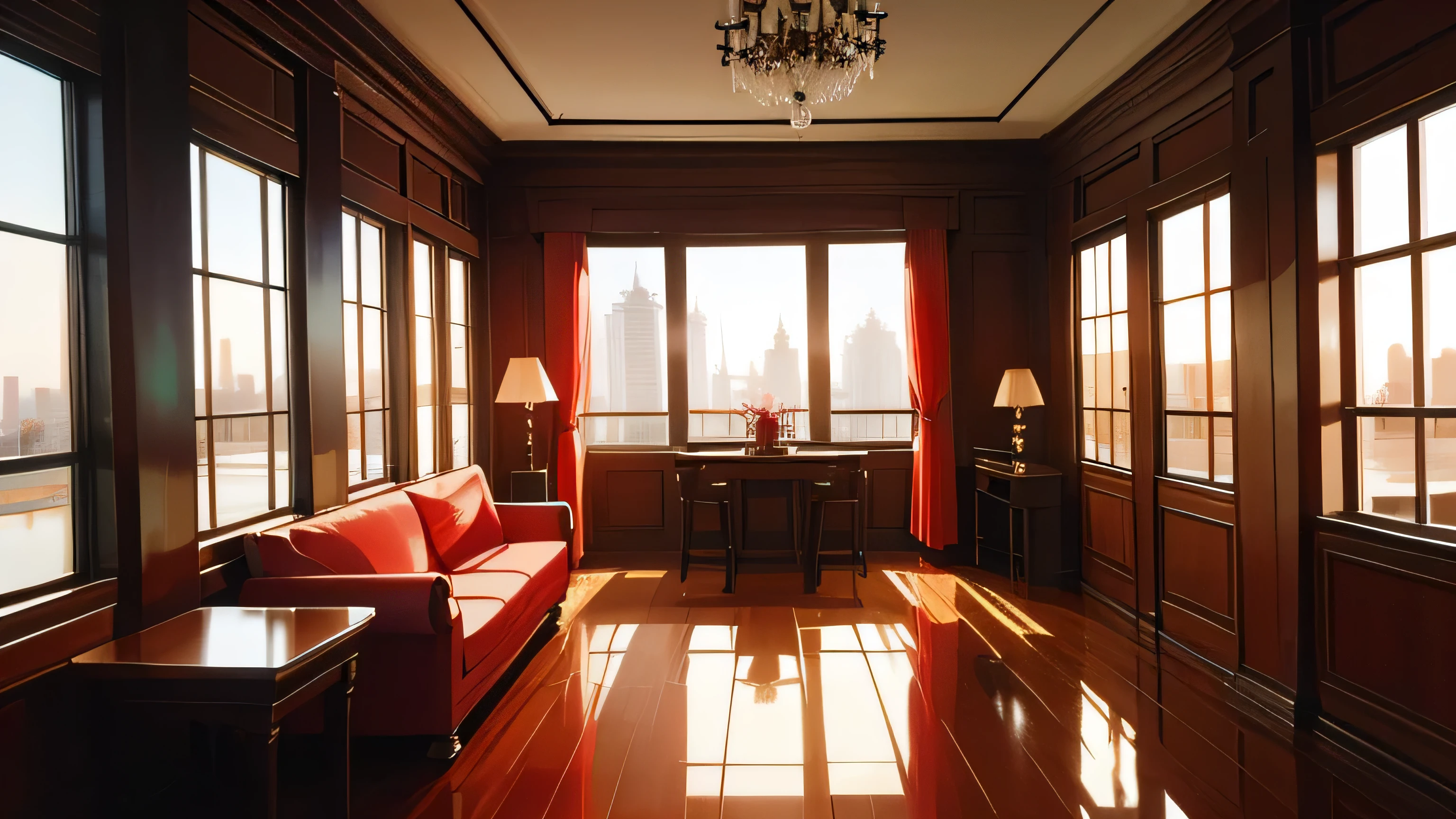 Shanghai Bund Old Shanghai Paramount Gorgeous Classical Decoration Chinese Classical Red White Black Quiet Afternoon Indoor Dining Table Sofa Floor Lamp Flowers Roses Ancient Style Decoration Mafia No One Portrait Pure Indoor No One Floor-to-ceiling Windows with Scenery Outside, sunset is nice