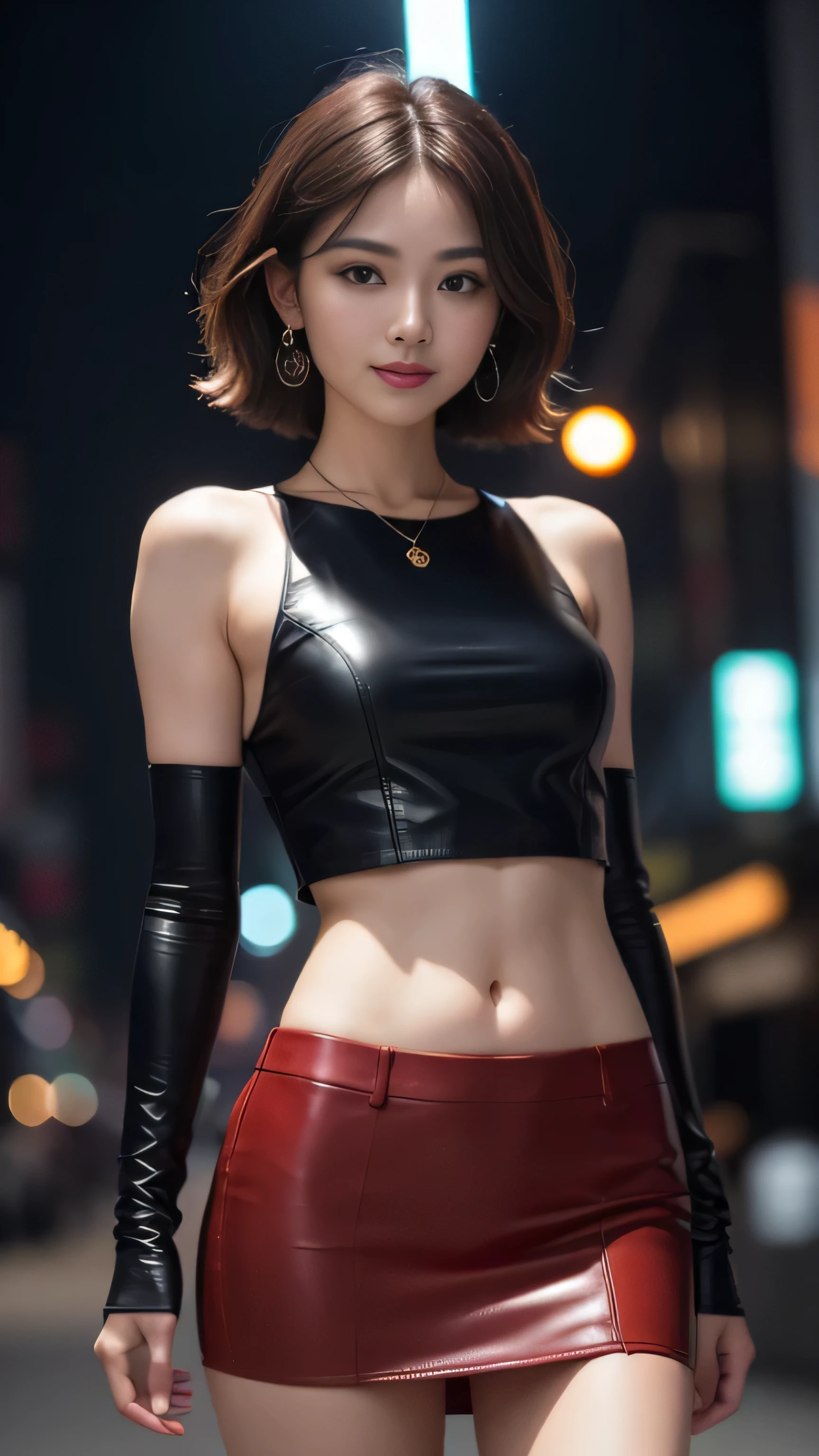 8K, masterpiece, RAW photo, highest quality, realistic, extremely detailed CG unity 8K wallpaper, Depth of bounds written, cinematic light, Lens flare, ray tracing, (very beautiful face, beautiful lips, beautiful eyes), face with intricate details, ((super dense skin)) 1 girl, in the dark, deep shadow, pretty asian girl, 1 girl, (very slim slender fit-muscled body:1.3), ((looking at the viewer)),(big smile:1.3), (fashion city night, dark night, (neon sign), (blurred background), street night),(with no people in the background:1.3), beautiful earrings, bracelet, necklace, pantyhose, clear eyes, (white skin), (Big eyes), look forward, ((upper body shot)), (looking at the viewer:1.3) very slim, medium breasts, (surreal, look at the viewer, short skirt, (High resolution), (8K), (very detailed), (brown hair, short hair), (Woman in red short sleeve blouse, show your belly button), (look through the blouse), Because I'm slender), open chest, black foam jacket ,, Wearing a leather jacket, Wear leather gloves, Japan sexy girl, not late