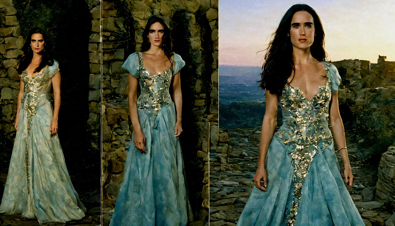 beautiful young lady (Jennifer Connelly), (22 anos), vestido longo "0 139 139", de corpo inteiro, em um mundo de fantazia castelo nas nuves, em um por do sol com unicornil