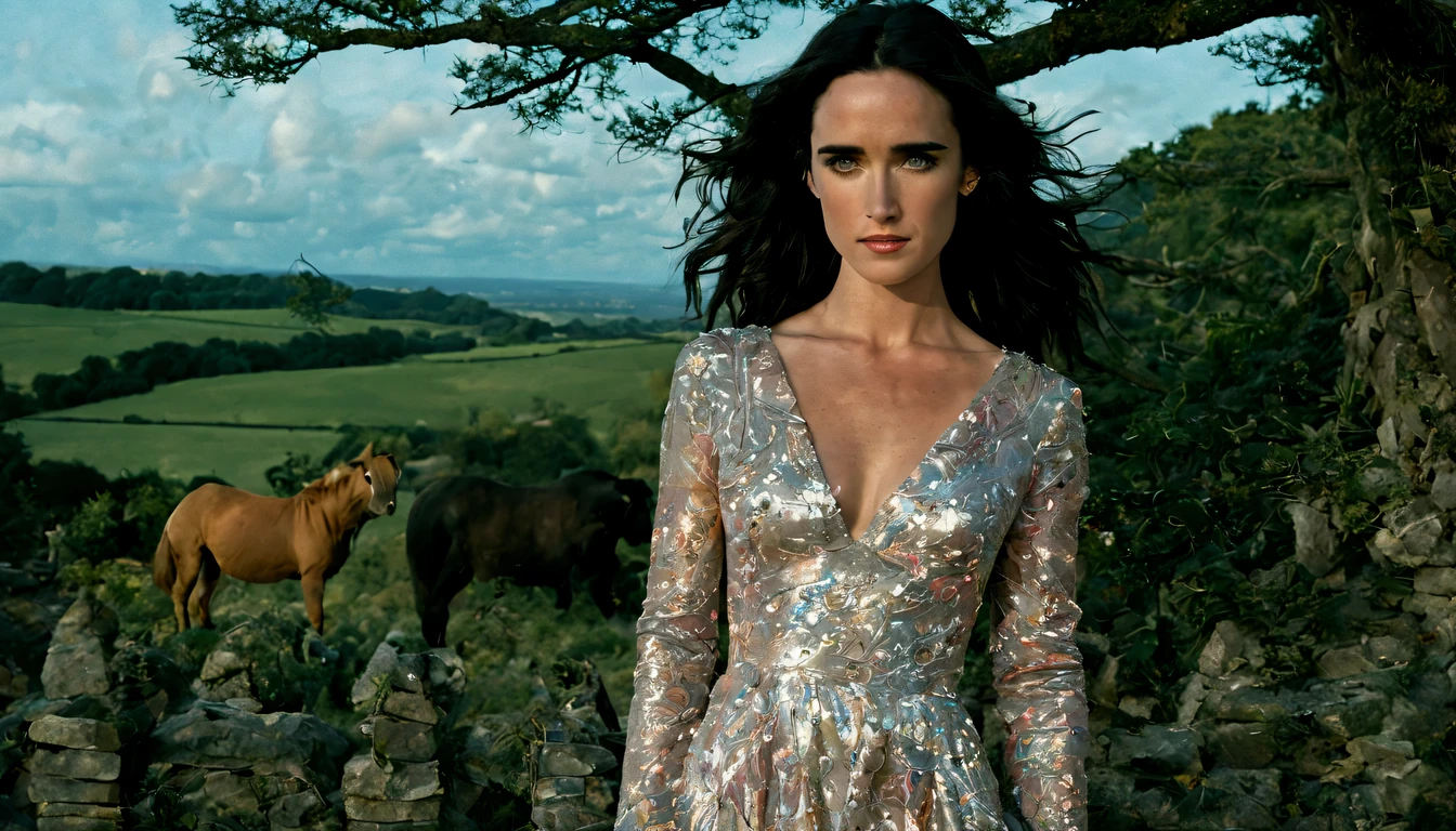 beautiful young lady (Jennifer Connelly), (22 anos), vestido longo "0 139 139", de corpo inteiro, em um mundo de fantazia castelo nas nuves, em um por do sol com unicornil