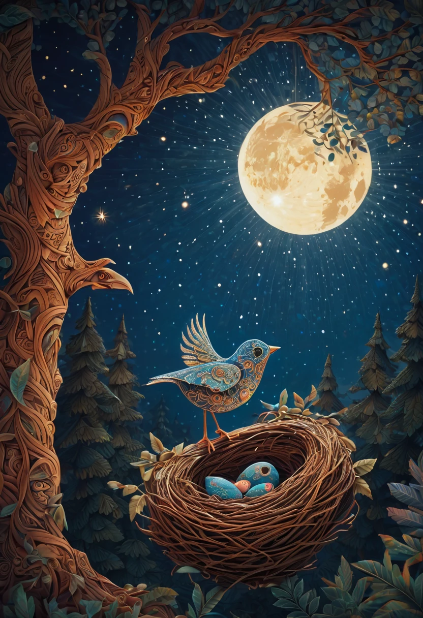 A  bird, abnormally fat, falls from its ((nest)) located in a tree. The chick plummeting through the air in a forest under a starry sky. The scene is depicted with intricate zentangle details, resembling origami. The artwork evokes a cinematic, emotional, and epic atmosphere. The colors showcase a vibrant and vivid palette, and the lighting creates a dramatic effect, casting shadows and illuminating the surroundings. The resulting image is of the best quality, ensuring high-resolution details and a masterpiece-worthy outcome. ,....by my self...lol