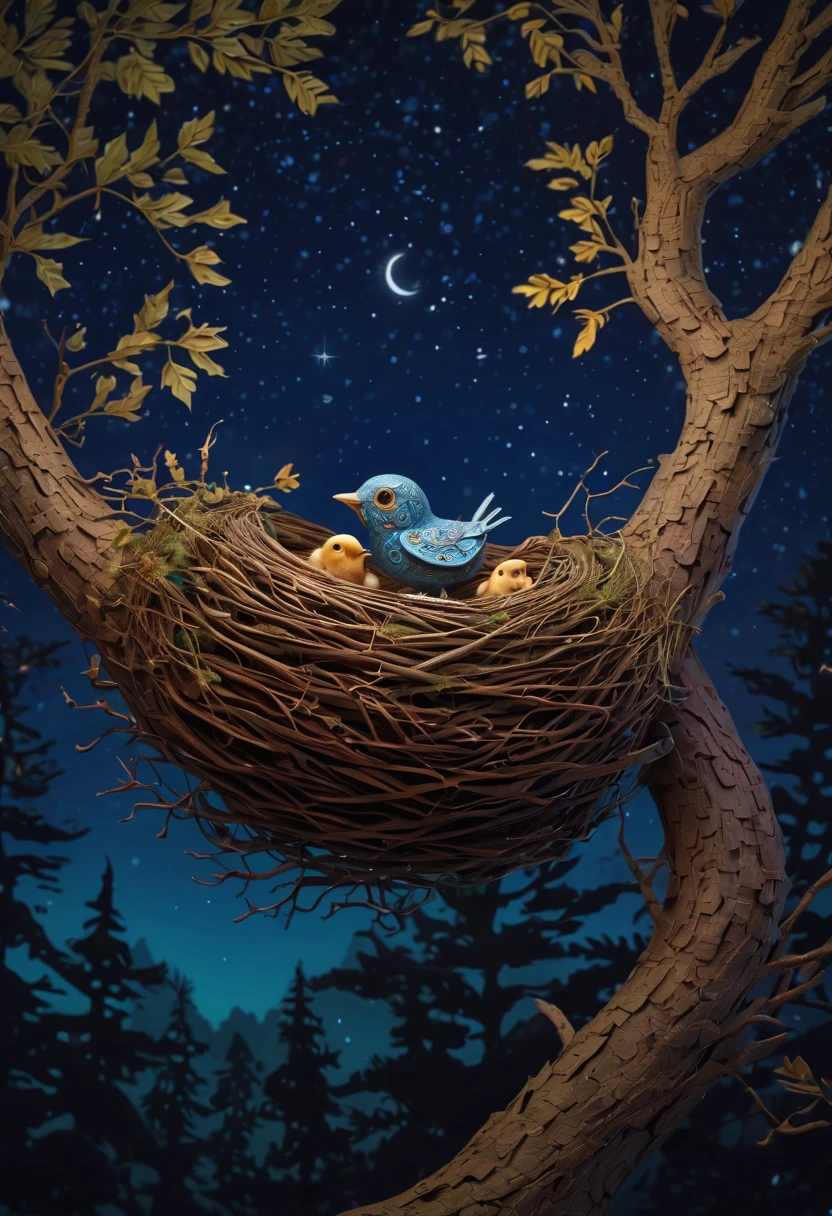 A newborn bird, abnormally fat, falls from its ((nest)) located in a tree. The chick plummeting through the air in a forest under a starry sky. The scene is depicted with intricate zentangle details, resembling origami. The artwork evokes a cinematic, emotional, and epic atmosphere. The colors showcase a vibrant and vivid palette, and the lighting creates a dramatic effect, casting shadows and illuminating the surroundings. The resulting image is of the best quality, ensuring high-resolution details and a masterpiece-worthy outcome. ,....by my self...lol