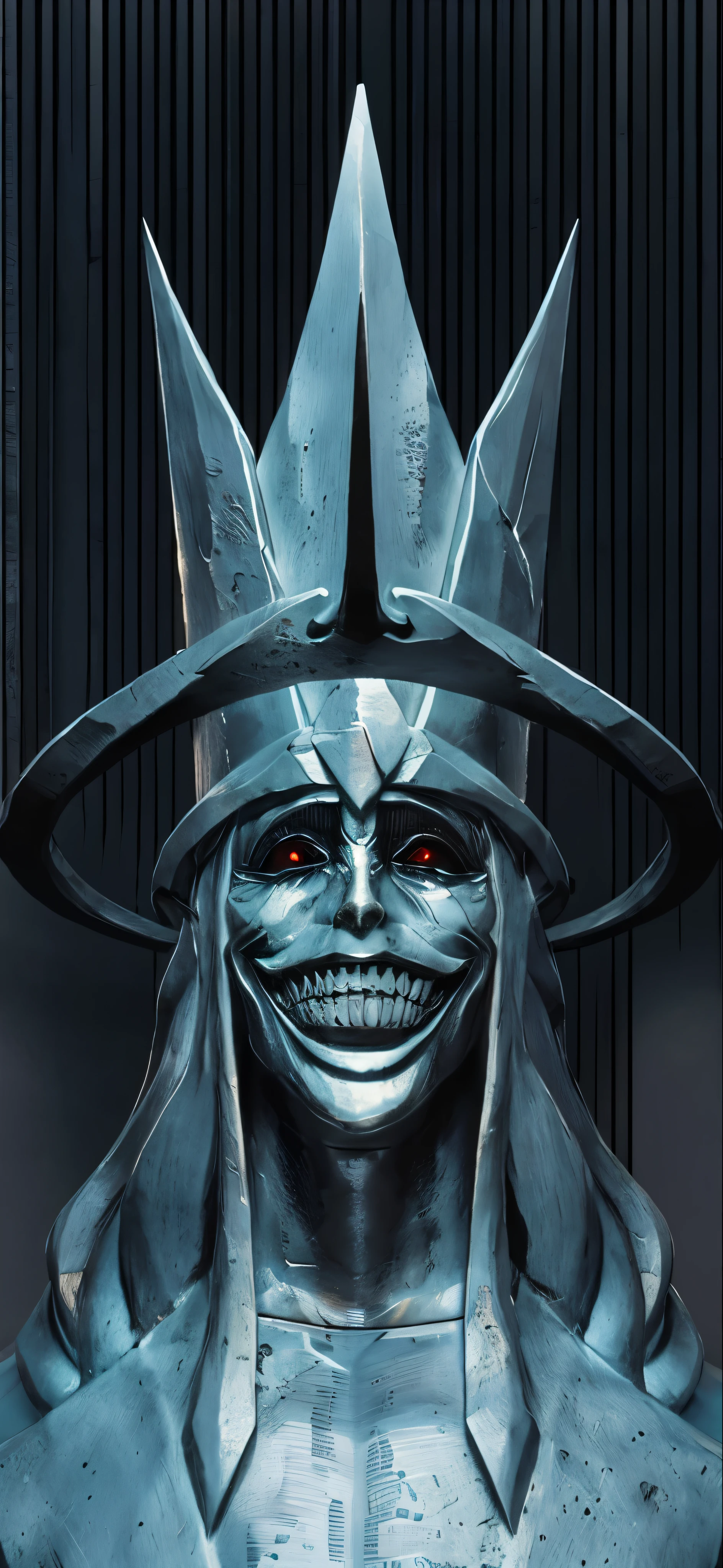 a closeup of a statue of a man with a crown on his head, evil villain smile, Evil smile, Retrato do Deus da Morte, photo realista, kinematics, realista, detalhado, estatua de pedra, rocha, textura de pedra