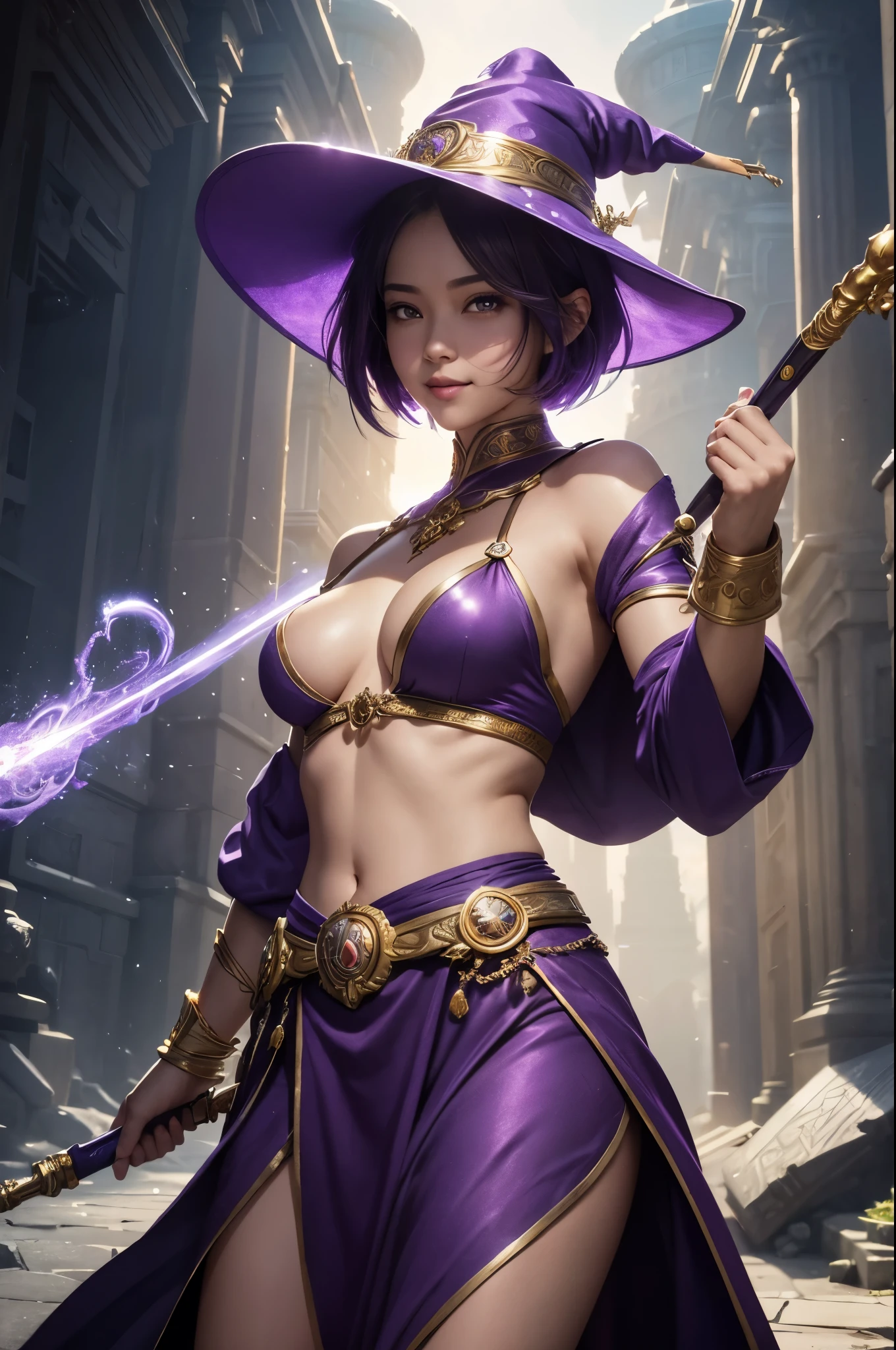 8K,goddess with very small breasts,Goddess and wizard wearing purple costumes&#39;hat with magic wand, very beautiful eyes,golden eyes,Light Purple Short Bob Hair,purple and gold skirt,small breasted goddess,rugged appearance,Highly detailed ArtGerm, up to the model | types of bacteria, Style types of bacteria, art germ style, fan art best art station, ! Dream types of bacteria, very warm, concept art | types of bacteria, Kushart Krenz Key Art Feminine,Super high resolution,Super realisticな肌,cute,fantasy art,character art,outside the big temple,wizard hat(golden decoration),rich colors, Backlight, cinematic lighting, film grain, born, 50mm lens, Nikon D850,ultra high resolution,Super realistic,Makeup,Close-up,smile,Super realisticな肌,battle scene,action pose,action scene,