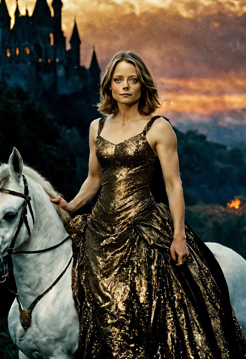 beautiful young lady (Jodie Foster), (25 anos), vestido longo Marrom Escura, de corpo inteiro, em um mundo de fantazia castelo nas nuves, em um por do sol com unicornil