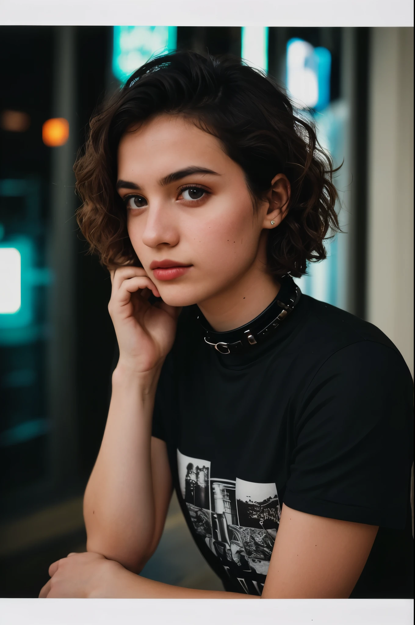 (analog photograph:1.1), (punk girl:1.15), Short brown curly hair, (Black T-shirt:1.15), (20 years old, young:1.2), , (:1.1), collar, eyeliner cream, European, Comfortable bedroom, (neon glowing, cyberpunk:1.2), wave, warm color, (invitation expression:1.05), original photo, SLR camera, soft light, high quality, film grain, 富士XT3, (national foundation:1.1), Crazy details, masterpiece, 8k, 35mm photo, SLR camera, Kodachrome, vignette, High quality, Kodachrome, Photography, dyed, Very detailed, Found the lens