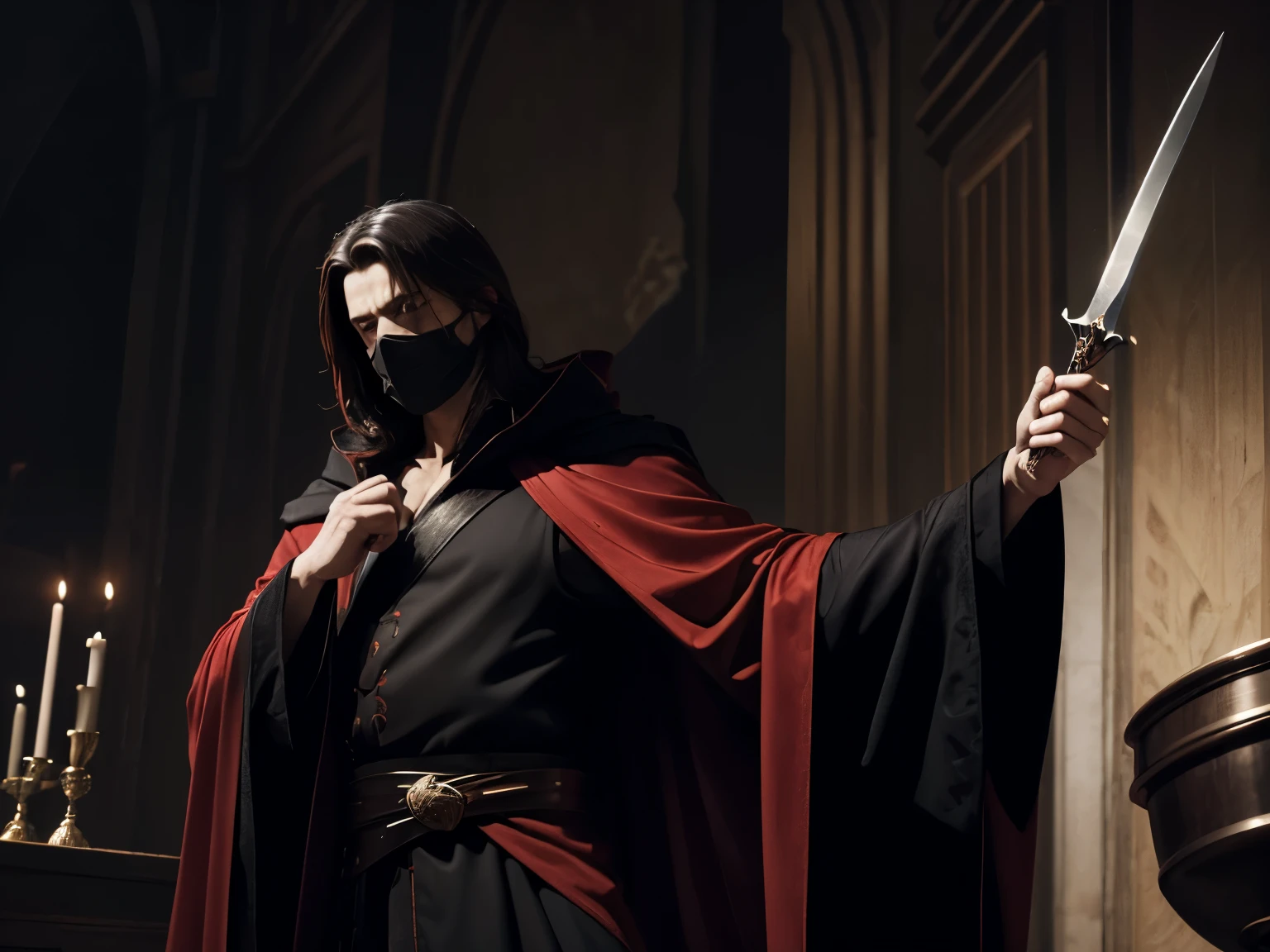 Man in a dark red robe with black highlights, wearing a half mask (white)
He stands with his hands raised and looks upwards, holding a bowl in one hand and a dagger in the other