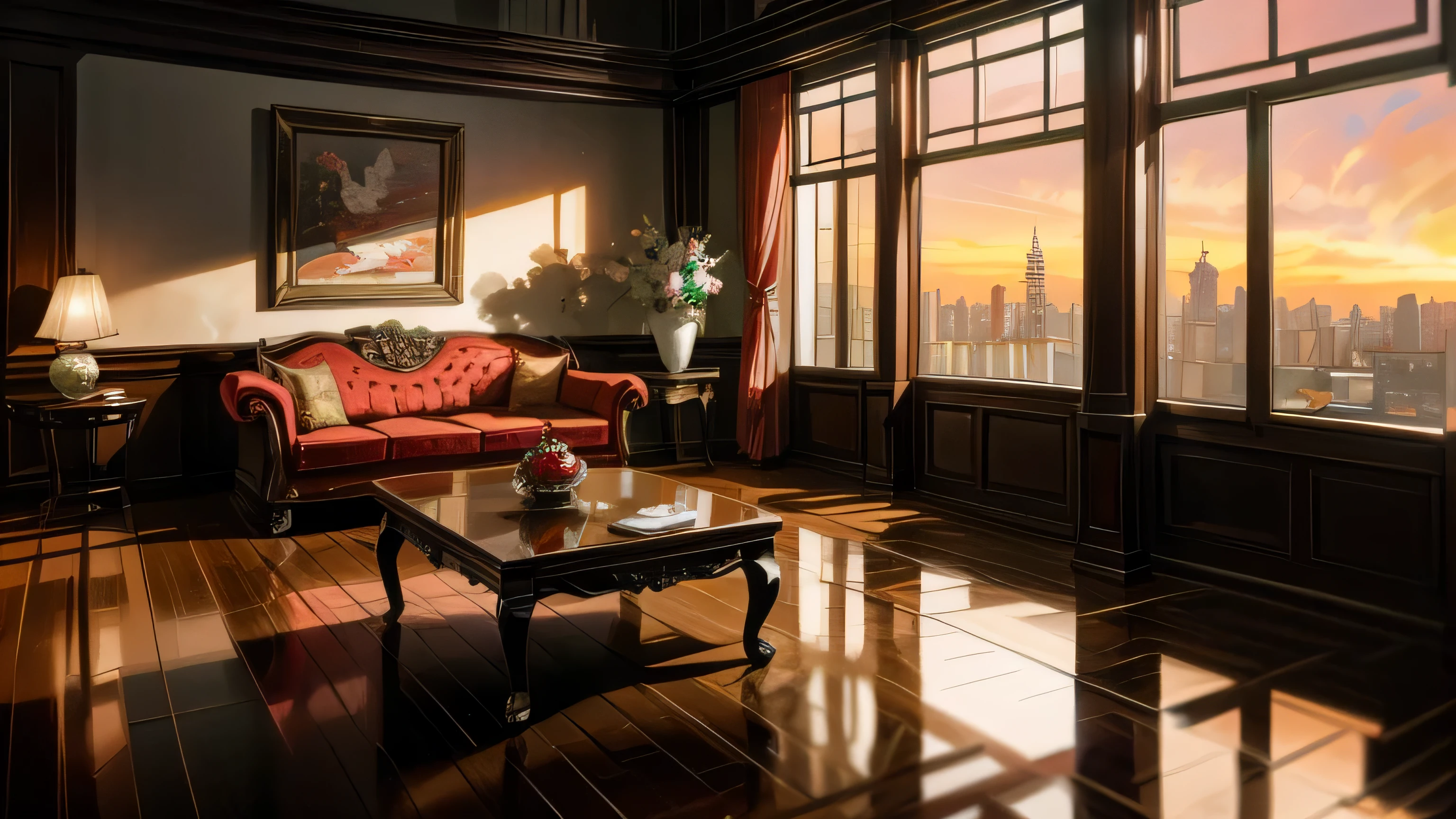 Shanghai Bund Old Shanghai Paramount Gorgeous Classical Decoration Chinese Classical Red White Black Quiet Afternoon Indoor Dining Table Sofa Floor Lamp Flowers Roses Ancient Style Decoration Mafia No One Portrait Pure Indoor No One Floor-to-ceiling Windows with Scenery Outside, sunset is nice