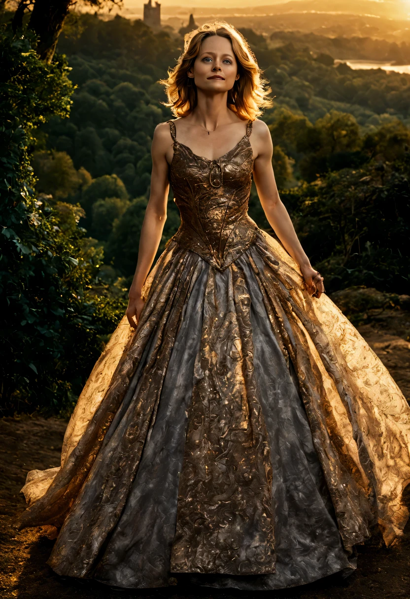 beautiful young lady (Jodie Foster), (25 anos), vestido longo Marrom Escura, de corpo inteiro, em um mundo de fantazia castelo nas nuves, em um por do sol com unicornil