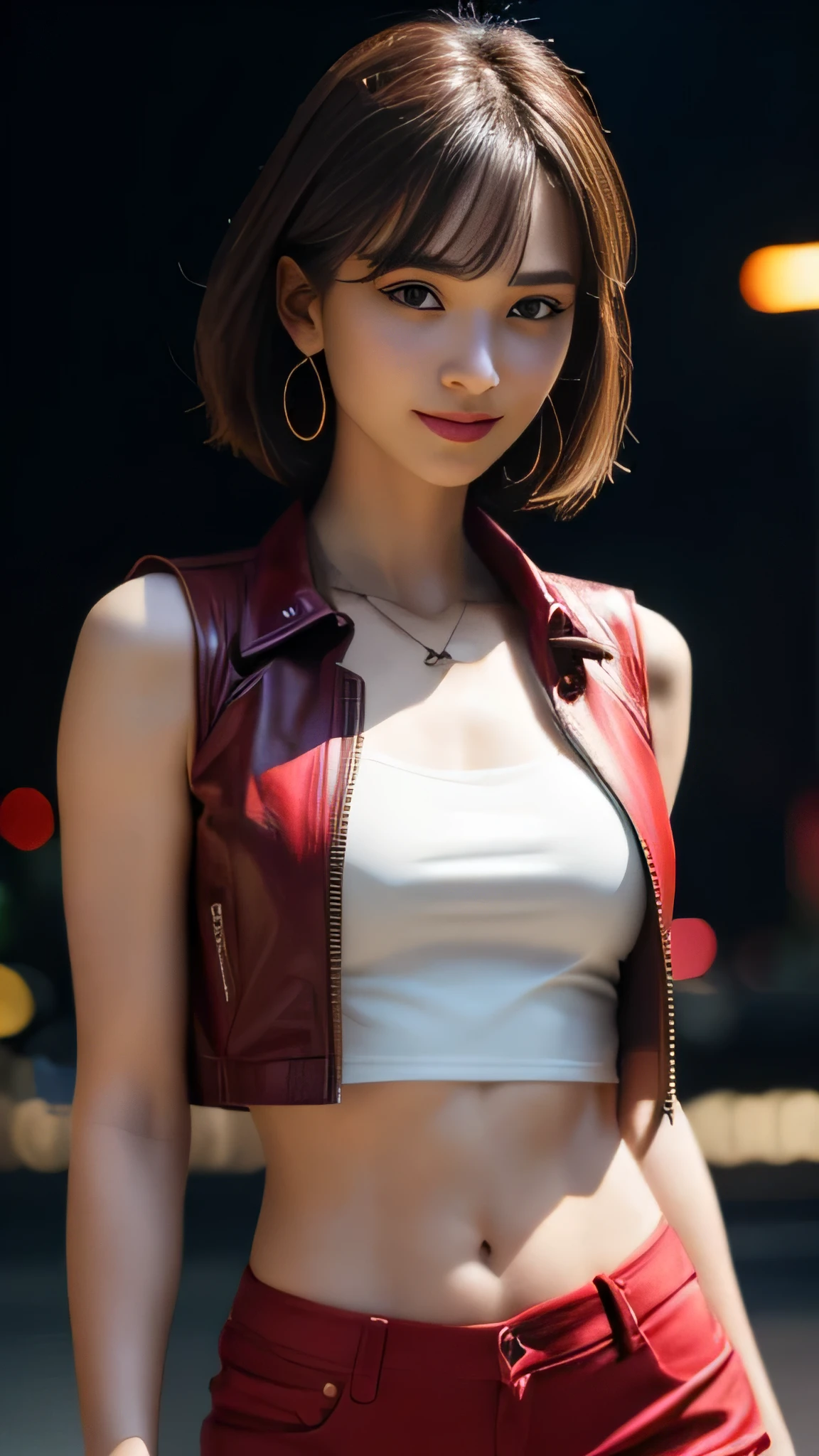 8K, masterpiece, RAW photo, highest quality, realistic, extremely detailed CG unity 8K wallpaper, Depth of bounds written, cinematic light, Lens flare, ray tracing, (very beautiful face, beautiful lips, beautiful eyes), face with intricate details, ((super dense skin)) 1 girl, in the dark, deep shadow, pretty asian girl, 1 girl, (very slim slender fit-muscled body:1.3), ((looking at the viewer)),(big smile:1.3), (fashion city night, dark night, (neon sign), (blurred background), street night),(with no people in the background:1.3), beautiful earrings, bracelet, necklace, pantyhose, clear eyes, (white skin), (Big eyes), look forward, ((upper body shot)), (looking at the viewer:1.3) very slim, medium breasts, (surreal, look at the viewer, short skirt, (High resolution), (8K), (very detailed), (brown hair, short hair), (Woman in red short sleeve blouse, show your belly button), (look through the blouse), Because I'm slender), open chest, foam jacket ,, Wearing a leather jacket, Wear leather gloves, Japan sexy girl