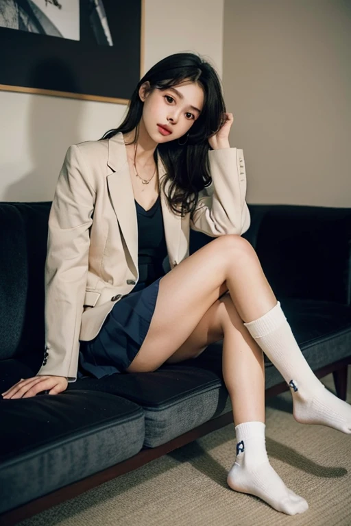 1 girl,Sit on a comfortable sofa,legs crossed,soft light,18 year old high school girl,Wear it with a navy blue skirt or blazer,short white socks,best quality,The details on the eyes and face are very nice.,4K。
