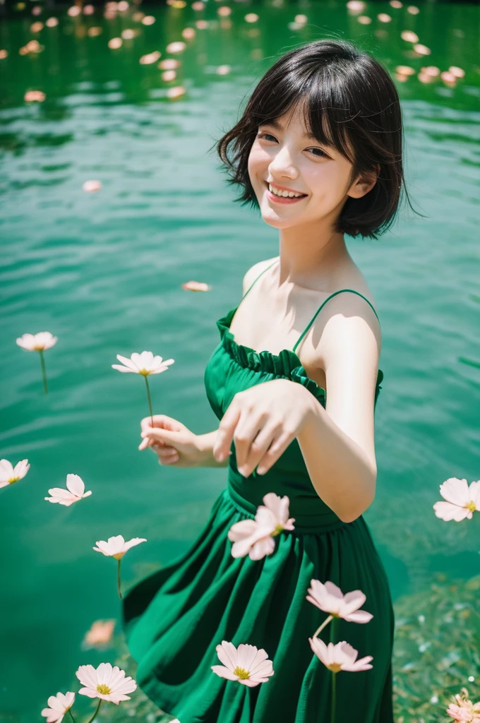 Beautiful and delicate portrait of playful cute girl with short boyish hair, black hair, Emerald Green Sea, naughty smile, Dancing petals, (highest quality, masterpiece, surreal) And petals floating in the background