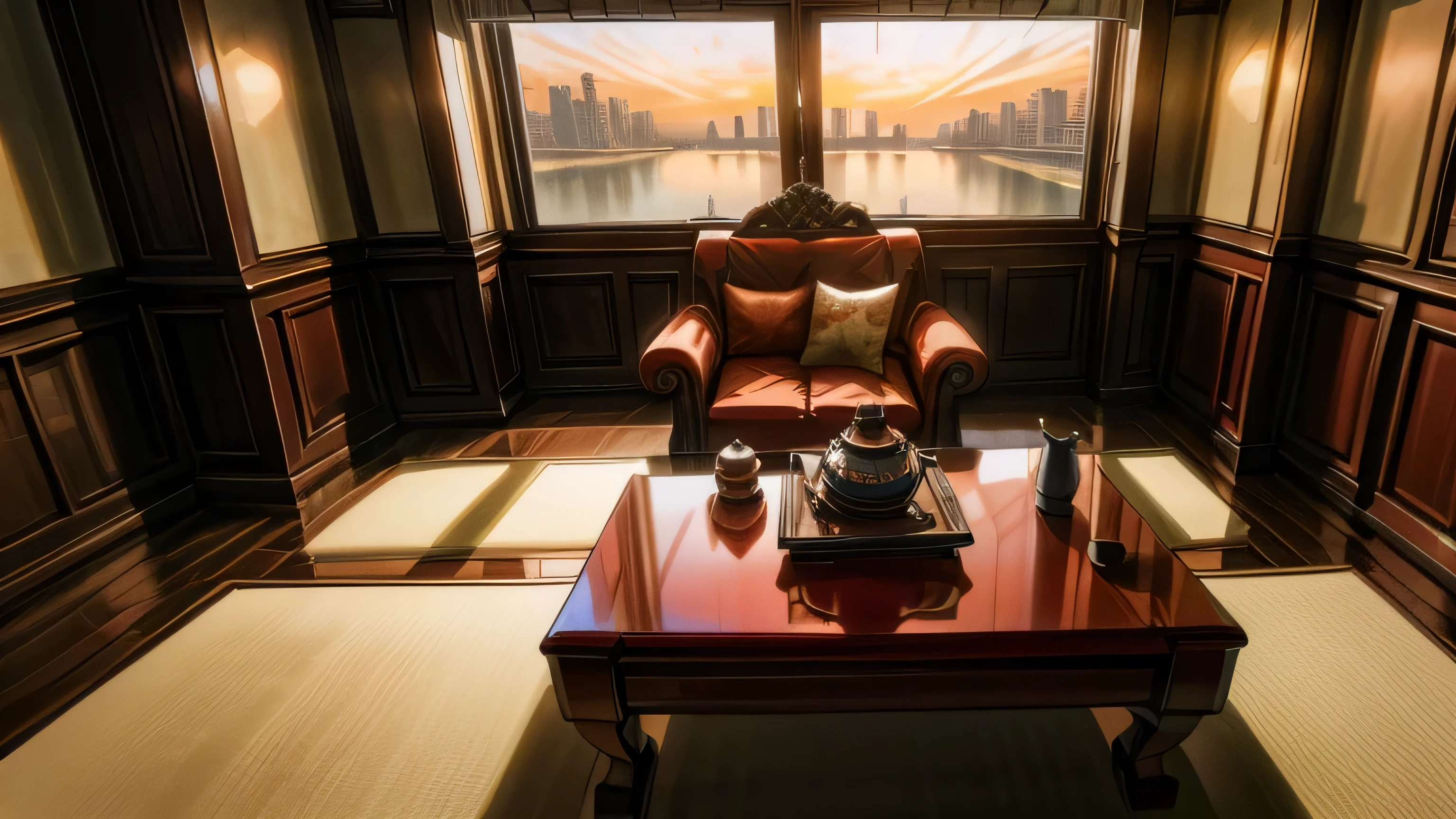 Shanghai Bund Old Shanghai Paramount Gorgeous Classical Decoration Chinese Classical Red White Black Quiet Afternoon Indoor Dining Table Sofa Floor Lamp Flowers Roses Ancient Style Decoration Mafia No One Portrait Pure Indoor No One Floor-to-ceiling Windows with Scenery Outside, sunset is nice