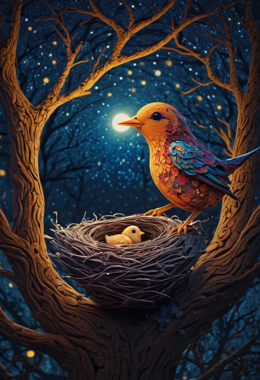 A newborn bird, abnormally fat, falls from its ((nest)) located in a tree. The chick plummeting through the air in a forest under a starry sky. The scene is depicted with intricate zentangle details, resembling origami. The artwork evokes a cinematic, emotional, and epic atmosphere. The colors showcase a vibrant and vivid palette, and the lighting creates a dramatic effect, casting shadows and illuminating the surroundings. The resulting image is of the best quality, ensuring high-resolution details and a masterpiece-worthy outcome. ,....by my self...lol