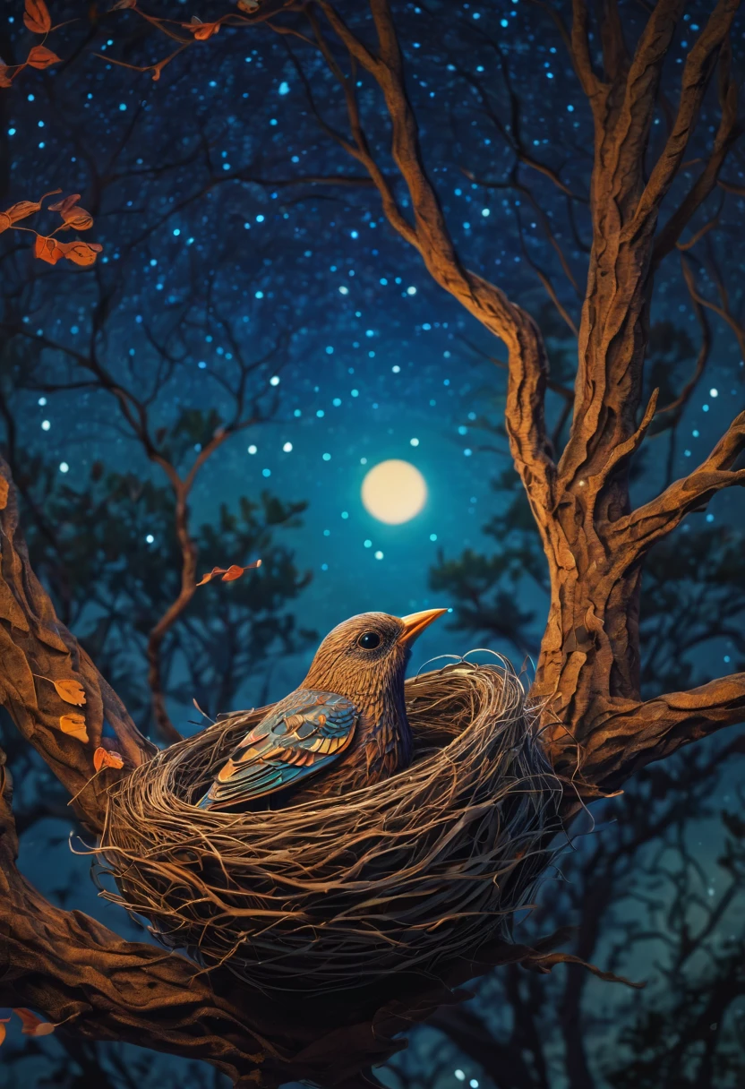 A newborn bird, abnormally fat, falls from its ((nest)) located in a tree. The chick plummeting through the air in a forest under a starry sky. The scene is depicted with intricate zentangle details, resembling origami. The artwork evokes a cinematic, emotional, and epic atmosphere. The colors showcase a vibrant and vivid palette, and the lighting creates a dramatic effect, casting shadows and illuminating the surroundings. The resulting image is of the best quality, ensuring high-resolution details and a masterpiece-worthy outcome. ,....by my self...lol
