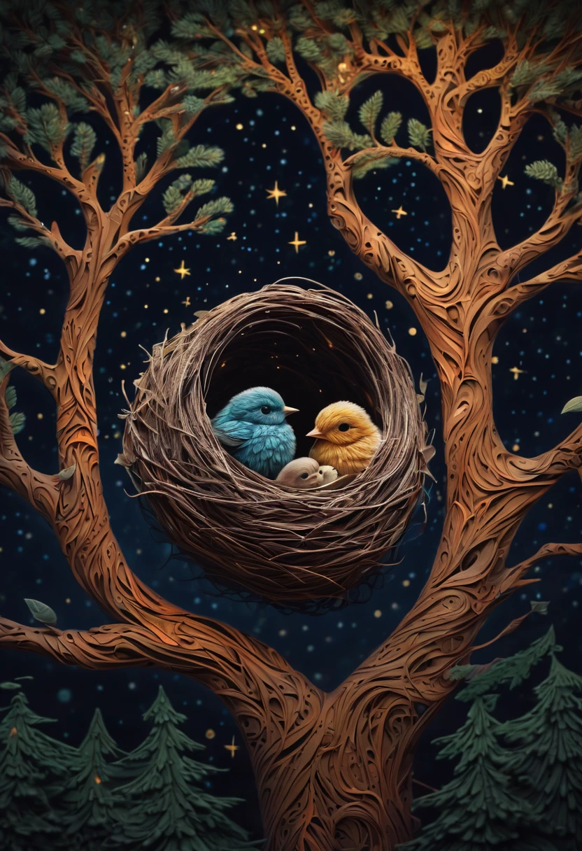 A newborn bird, abnormally fat, falls from its ((nest)) located in a tree. The chick plummeting through the air in a forest under a starry sky. The scene is depicted with intricate zentangle details, resembling origami. The artwork evokes a cinematic, emotional, and epic atmosphere. The colors showcase a vibrant and vivid palette, and the lighting creates a dramatic effect, casting shadows and illuminating the surroundings. The resulting image is of the best quality, ensuring high-resolution details and a masterpiece-worthy outcome. ,....by my self...lol