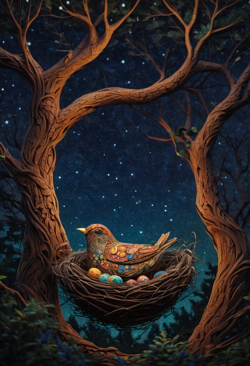 A newborn bird, abnormally fat, falls from its ((nest)) located in a tree. The chick plummeting through the air in a forest under a starry sky. The scene is depicted with intricate zentangle details, resembling origami. The artwork evokes a cinematic, emotional, and epic atmosphere. The colors showcase a vibrant and vivid palette, and the lighting creates a dramatic effect, casting shadows and illuminating the surroundings. The resulting image is of the best quality, ensuring high-resolution details and a masterpiece-worthy outcome. ,....by my self...lol