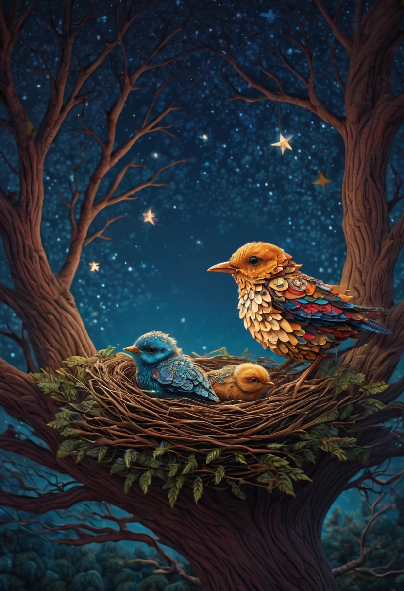 A newborn bird, abnormally fat, falls from its ((nest)) located in a tree. The chick plummeting through the air in a forest under a starry sky. The scene is depicted with intricate zentangle details, resembling origami. The artwork evokes a cinematic, emotional, and epic atmosphere. The colors showcase a vibrant and vivid palette, and the lighting creates a dramatic effect, casting shadows and illuminating the surroundings. The resulting image is of the best quality, ensuring high-resolution details and a masterpiece-worthy outcome. ,....by my self...lol