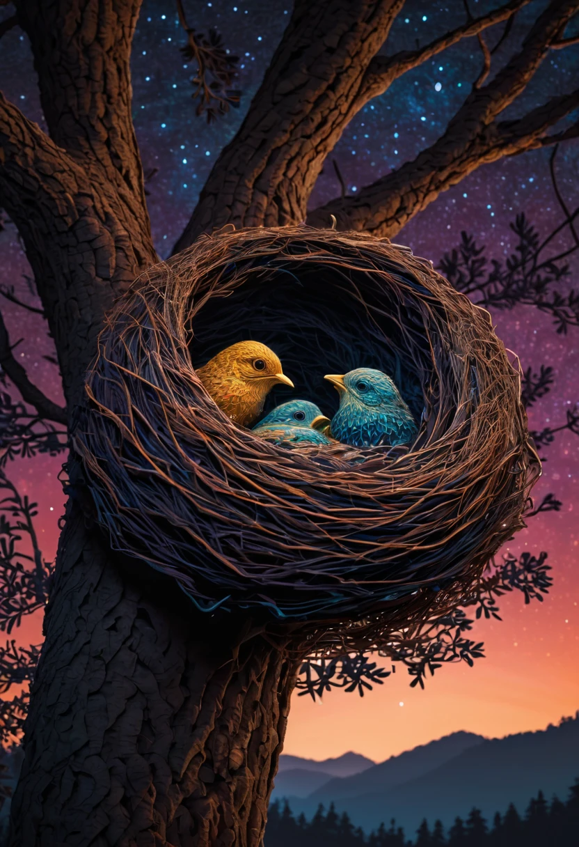 A newborn bird, abnormally fat, falls from its ((nest)) located in a tree. The chick plummeting through the air in a forest under a starry sky. The scene is depicted with intricate zentangle details, resembling origami. The artwork evokes a cinematic, emotional, and epic atmosphere. The colors showcase a vibrant and vivid palette, and the lighting creates a dramatic effect, casting shadows and illuminating the surroundings. The resulting image is of the best quality, ensuring high-resolution details and a masterpiece-worthy outcome. ,....by my self...lol
