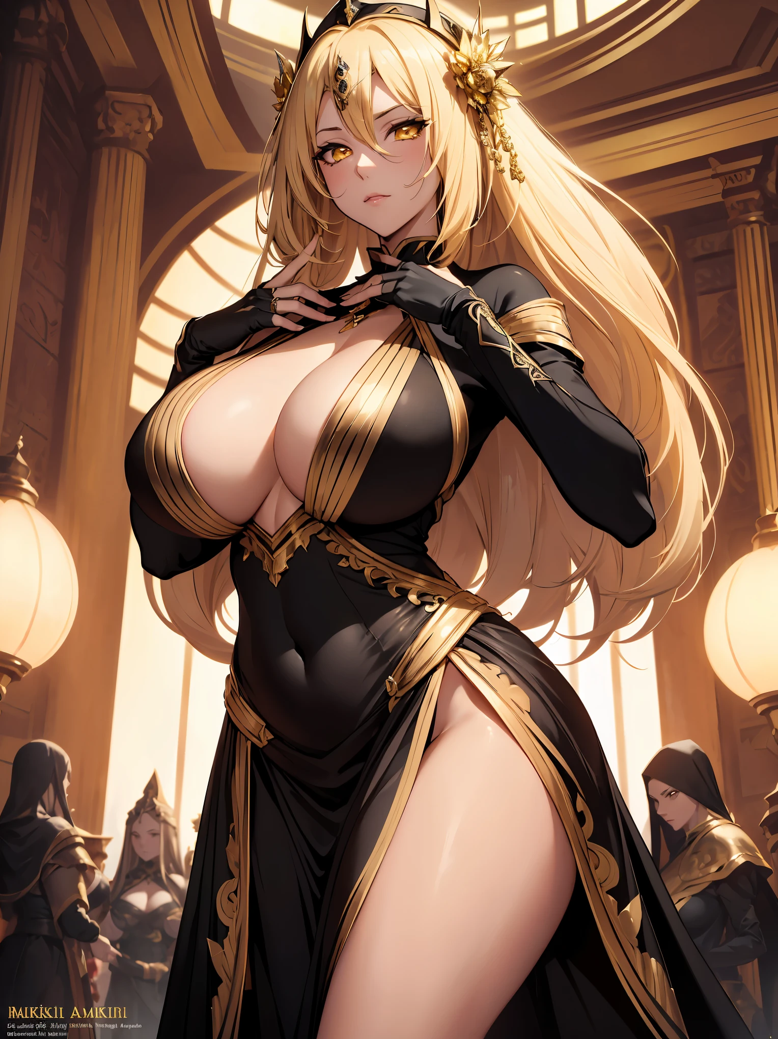 masterpiece:1.2, 1woman, (Elden ring character), ((Queen Marika the eternal)), (30 years old), (best quality), (real photo, complex details, depth of field), highly detailed face, (appreciative look), beautiful nose, (beautiful bright yellow eyes), (huge breasts:1.5), (huge ass:1.2), (hands raised, hands clasped behind the head), moderate musculature, wide hips, attractive waist, high toned belly, beautiful pumped-up abs, beautiful navel, (extra long honey blonde tail:1.2), sexy, disproportionate breasts, hanging breasts, ((black long dress with gold ornament)), 