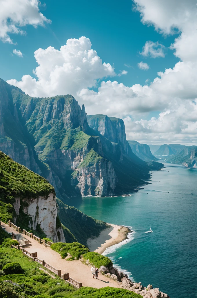 ({{High resolution,}},masterpiece,super detailed,highest quality,8K)cloud, null, scenery, Day, green_null, Mountain, cloudy_null, outdoor, waterfall, fantasy, horizon, cliff, rock, water, landscape, Mountainous_horizon, Ocean, wood, river, floating_island