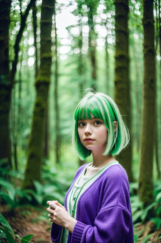 Latte 867, 1 girl, alone, (Green hair in the forest:1.2), Asymmetrical haircuts, (Violet clothes:1.2) masterpiece, highest quality, photorealistic, realistic, (RAW photo, 8K UHD, film grain), caustics, Scattered beneath the surface